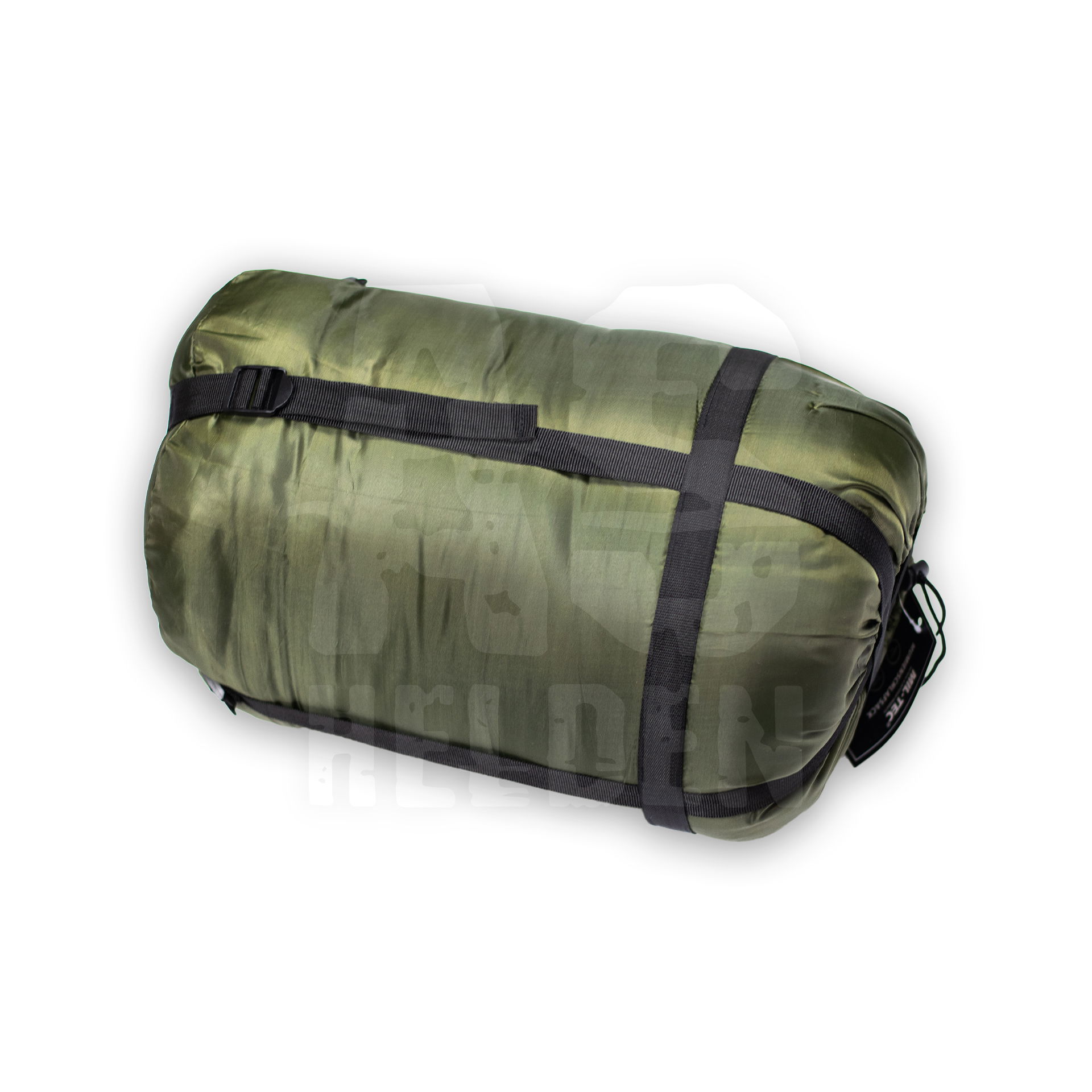 Grüner Schlafsack im Packsack mit schwarzen Riemen, ideal für Outdoor-Aktivitäten und Airsoft-Camping.