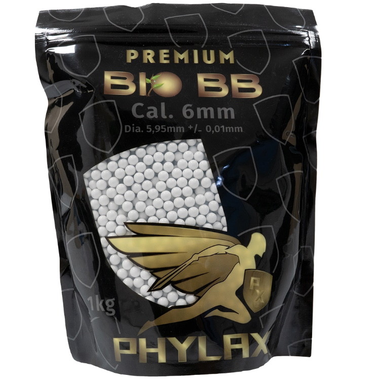 Schwarze Verpackung mit weißen BB-Kugeln (6mm). Text: "Premium Bio BB", "Cal. 6mm", "PHYLAX".