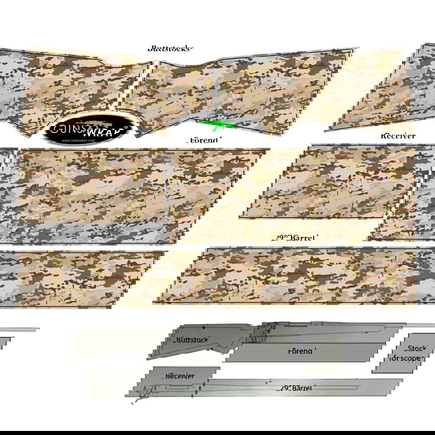 Camouflage-Gun-Wrap-Schablonen für Schaft, Lauf und Vorderschaft; Schnittmuster für Airsoft-Gewehr.