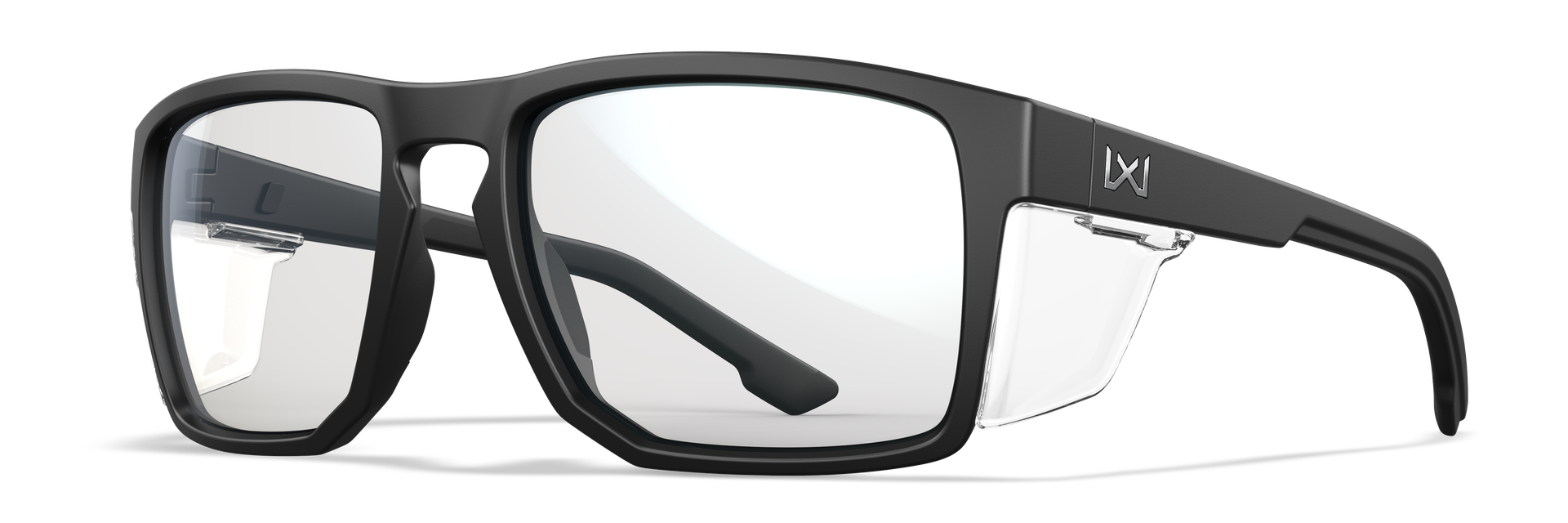 Schwarze Schutzbrille mit transparenten Gläsern und seitlichem Schutz für Airsoft-Spiel.