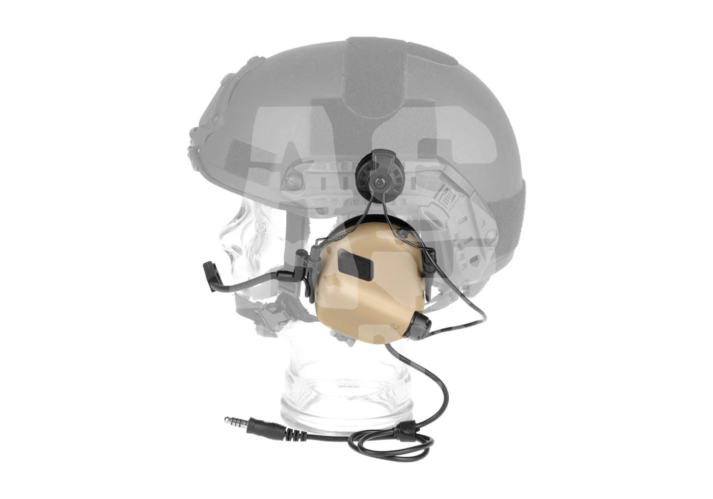 Airsoft-Taktikhelm mit integriertem Kommunikations-Headset, seitliche Ansicht.