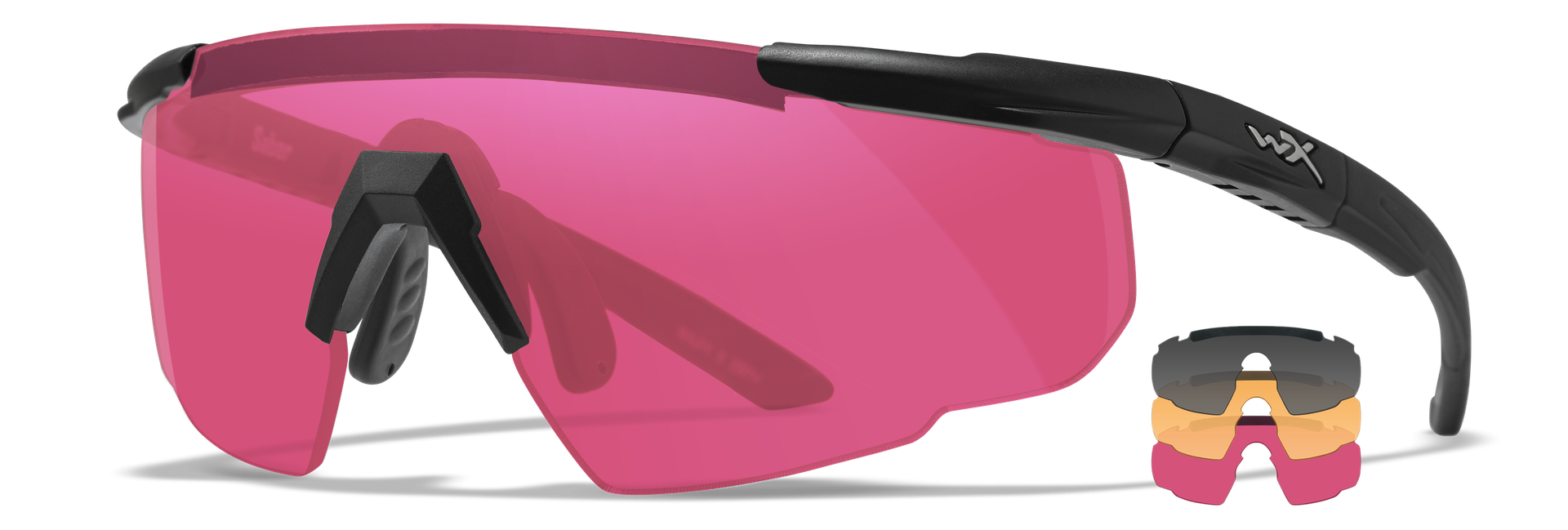 Sportbrille mit pinken Gläsern und zwei auswechselbaren Gläsern in Grau und Orange.