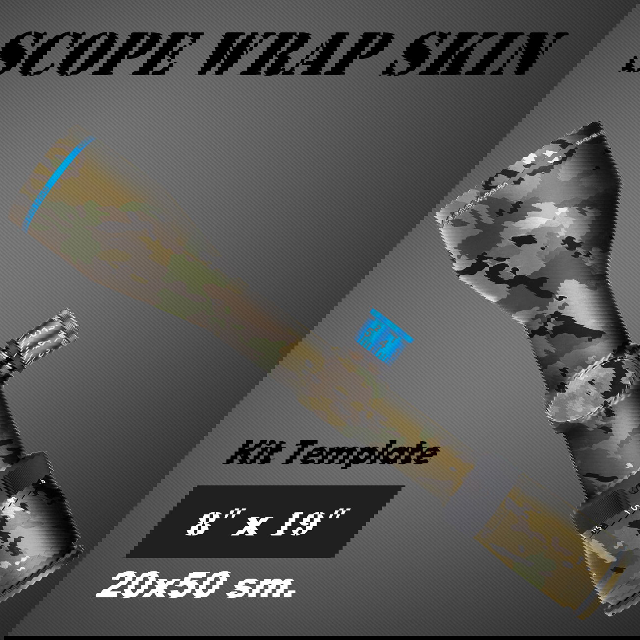 Tarnoptikverpackung für Zielfernrohr, Vorlage 20x50 cm, Camouflage-Muster auf grauem Hintergrund.