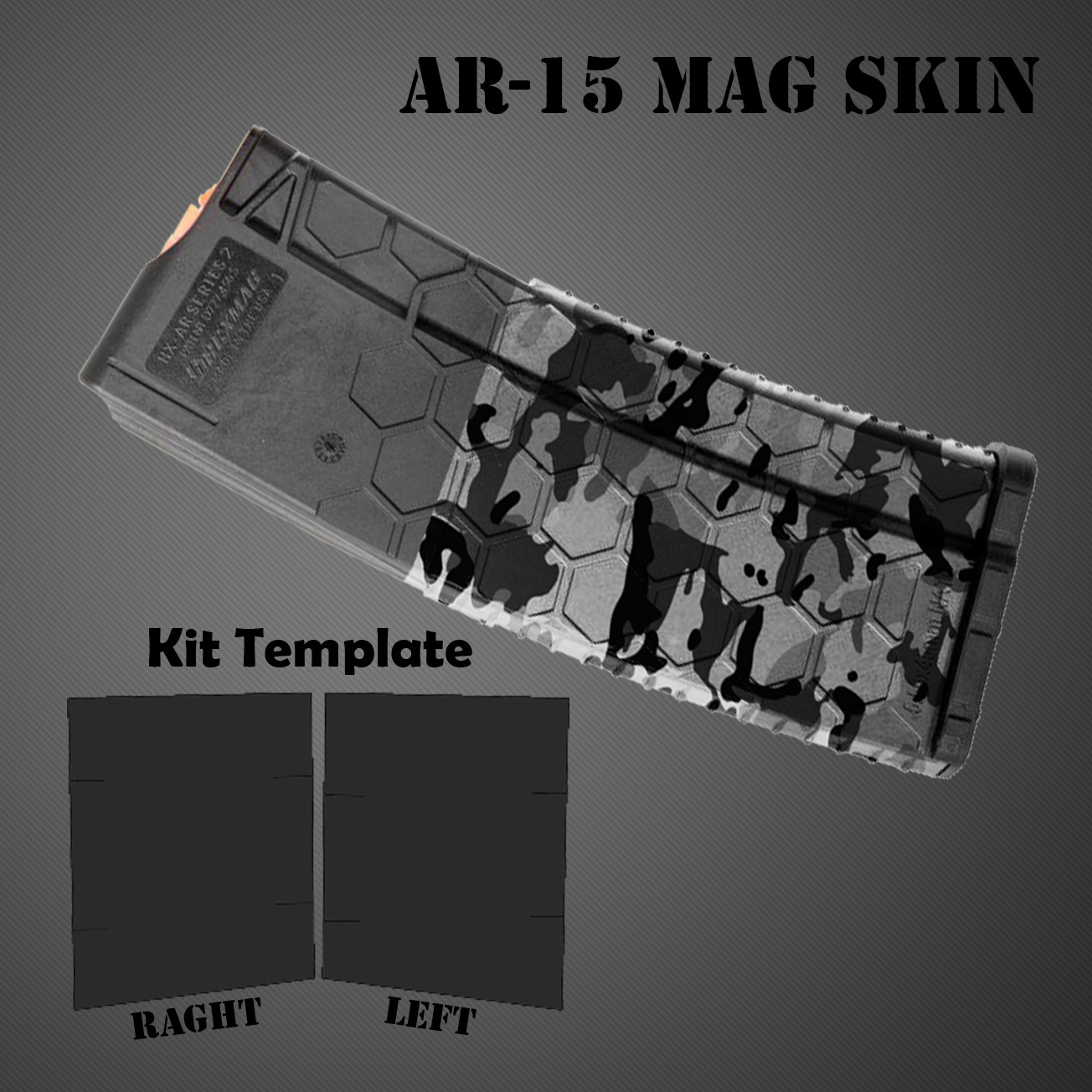 AR-15 Magazinskin mit Tarnmuster, Kit-Vorlage darunter, grauer Hintergrund.