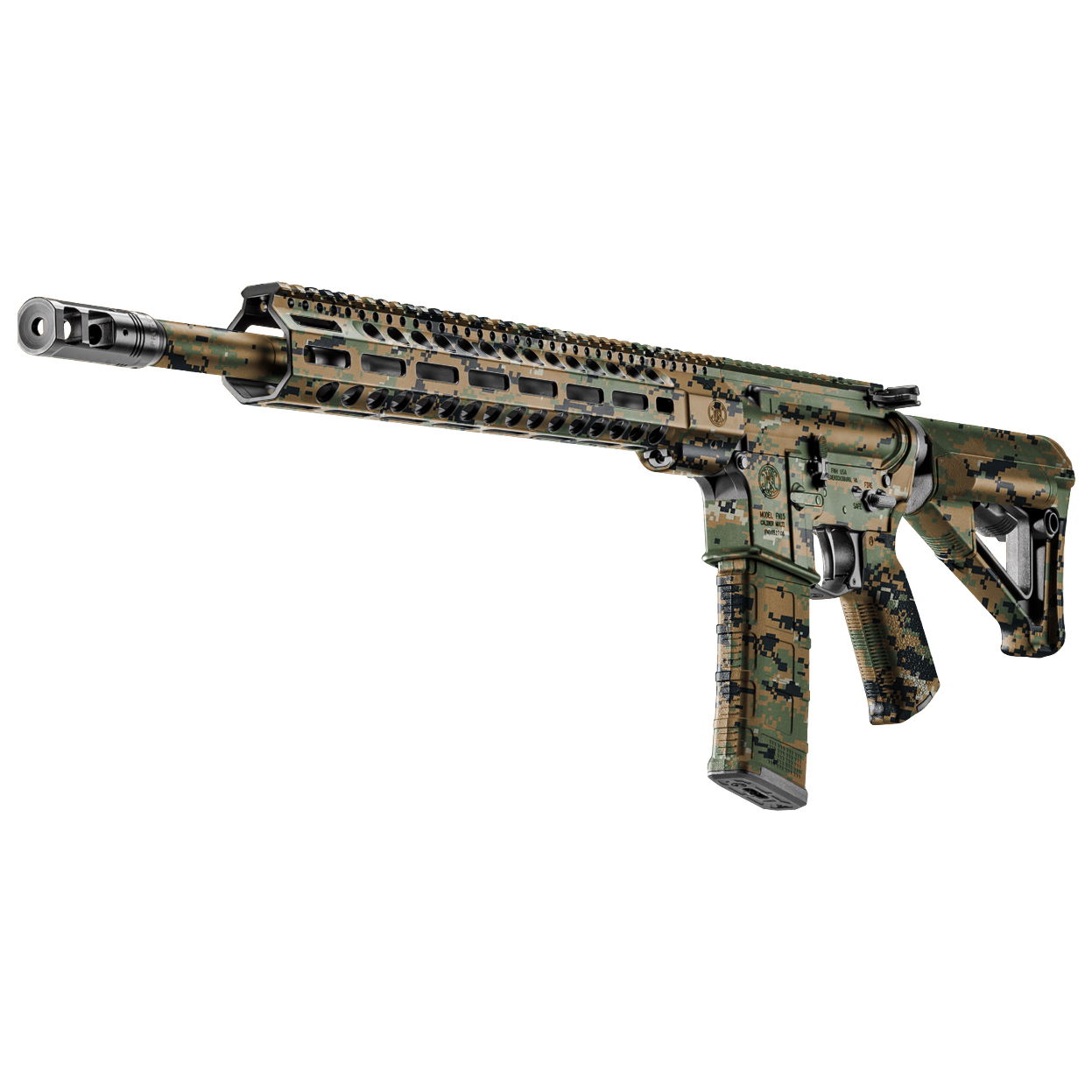 Tarnmuster Airsoftgewehr mit Mündungsfeuerdämpfer und taktischer Schiene. Ideal für MilSim-Spiele.