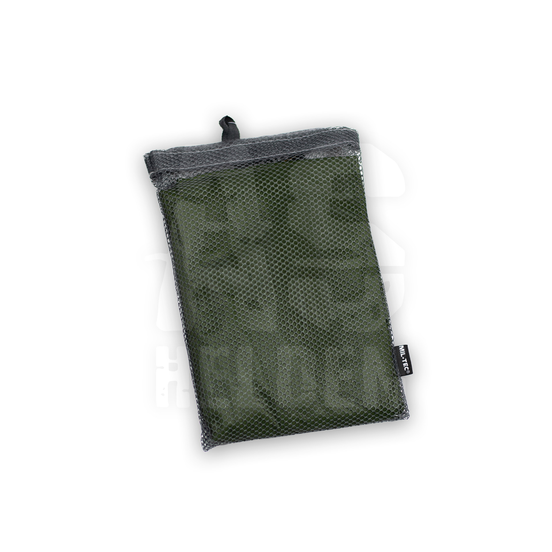 Grüner Netzbeutel mit schwarzem Rand, Haken und Schlaufe zum Aufhängen. Ideal für Airsoft-Zubehör.