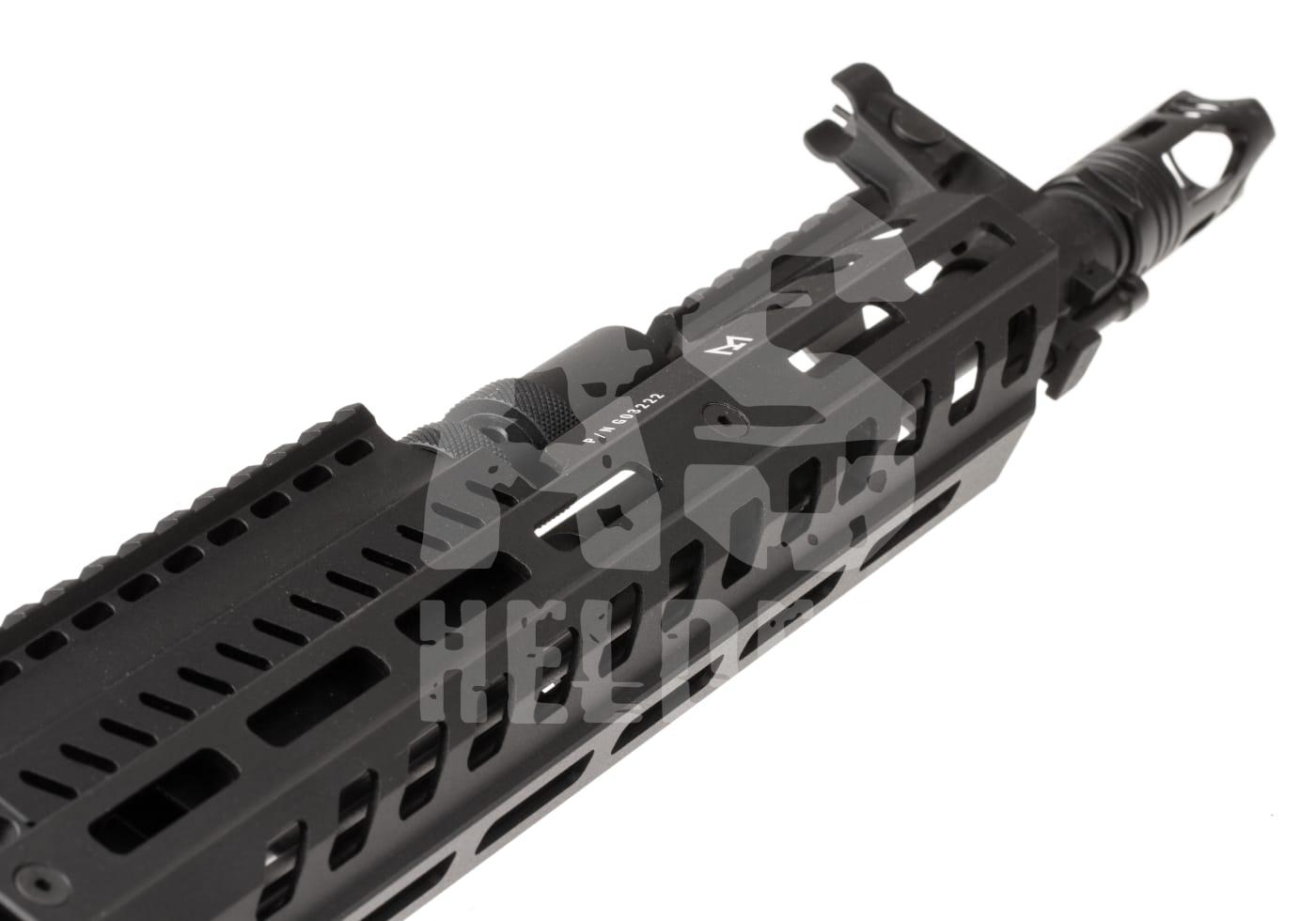 M-LOK Handschutz mit Kompensator, Airsoft Zubehör in schwarzem Finish.