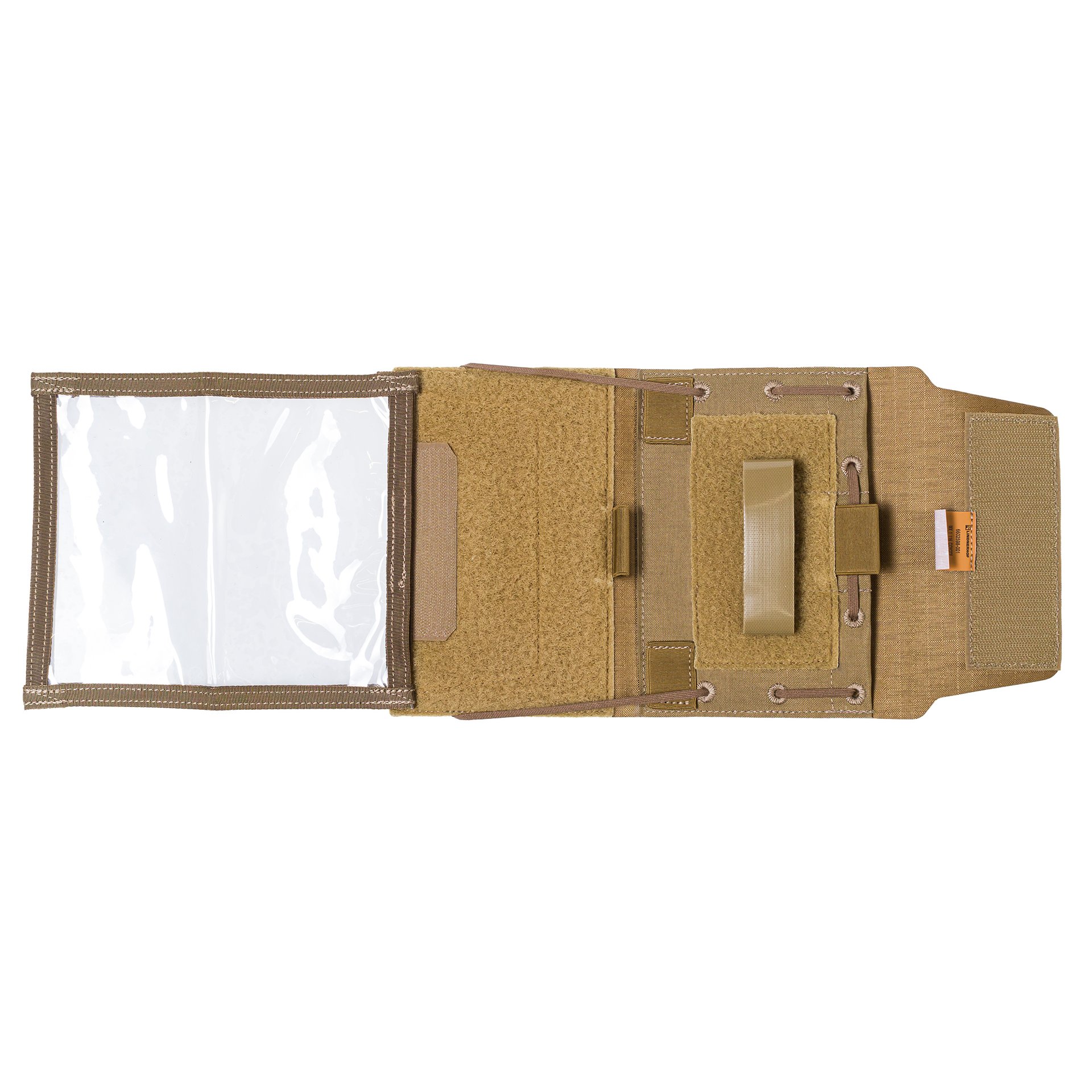 Taktisches Molle-Dokumentenmappe in Coyote Tan, geöffnet mit Klettverschlüssen und transparentem Kartenfach.