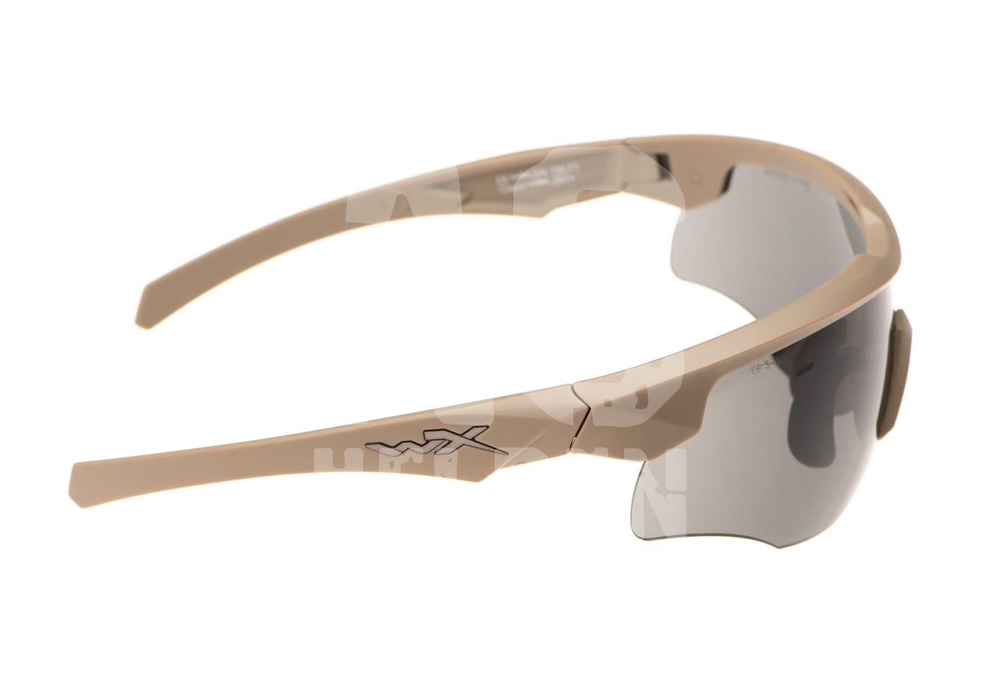 Taktische, beiger Schutzbrille mit dunklen Gläsern für Airsoft.