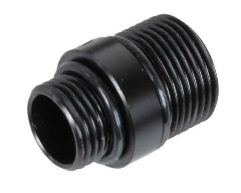Schwarzer Airsoft-Adapter für Außengewinde, Metall, zylindrische Form.