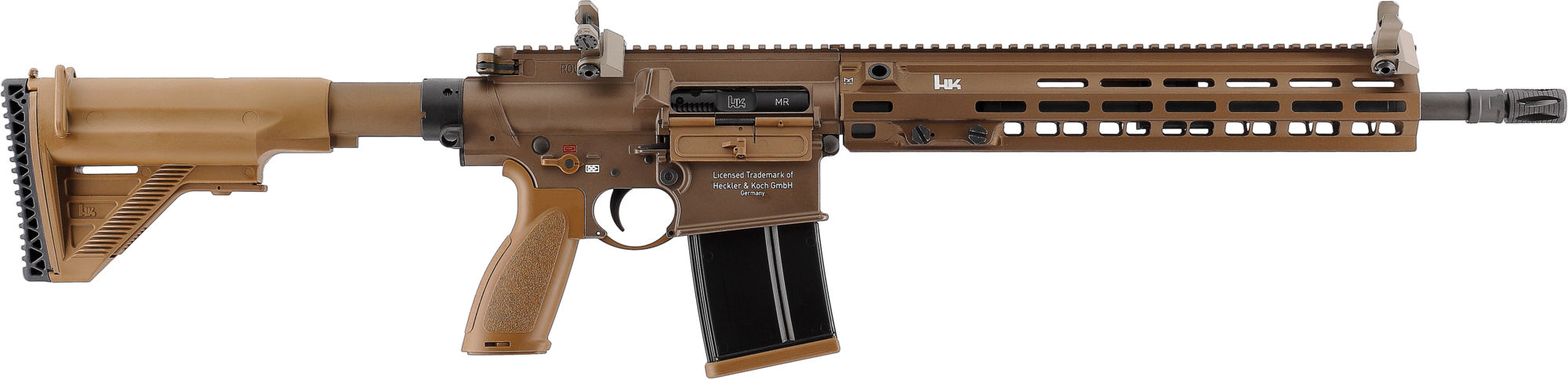Heckler & Koch Airsoftgewehr in braunem Finish, rechte Seitenansicht, mit taktischer Schiene und verstellbarer Schulterstütze.