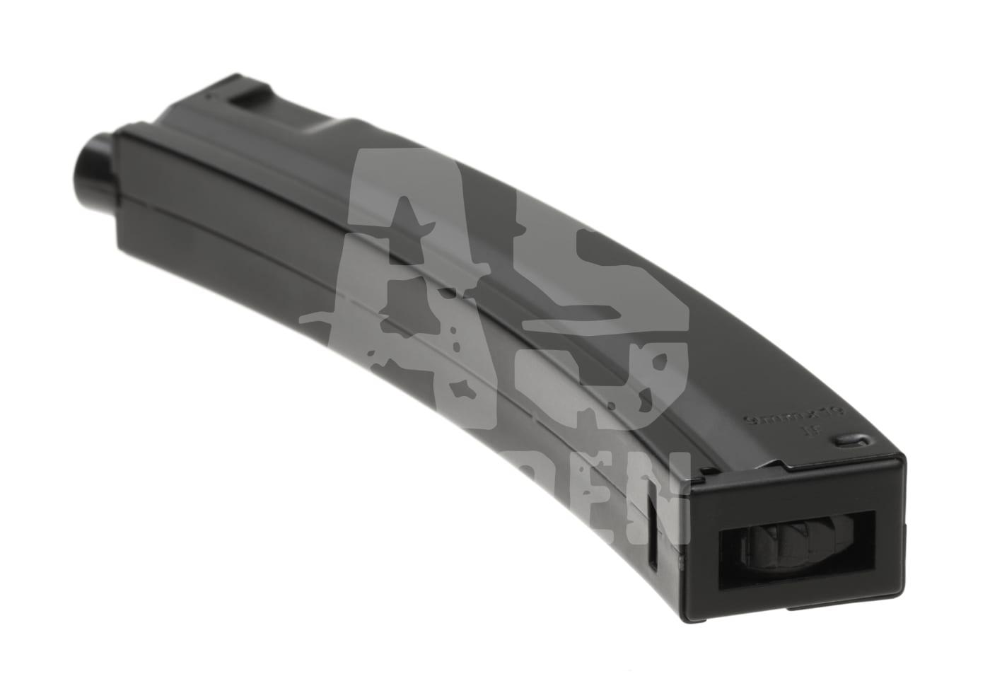 Schwarzes Airsoft-Magazin in gewinkelter Ansicht, robustes Design, passend für Softair-Gewehre.