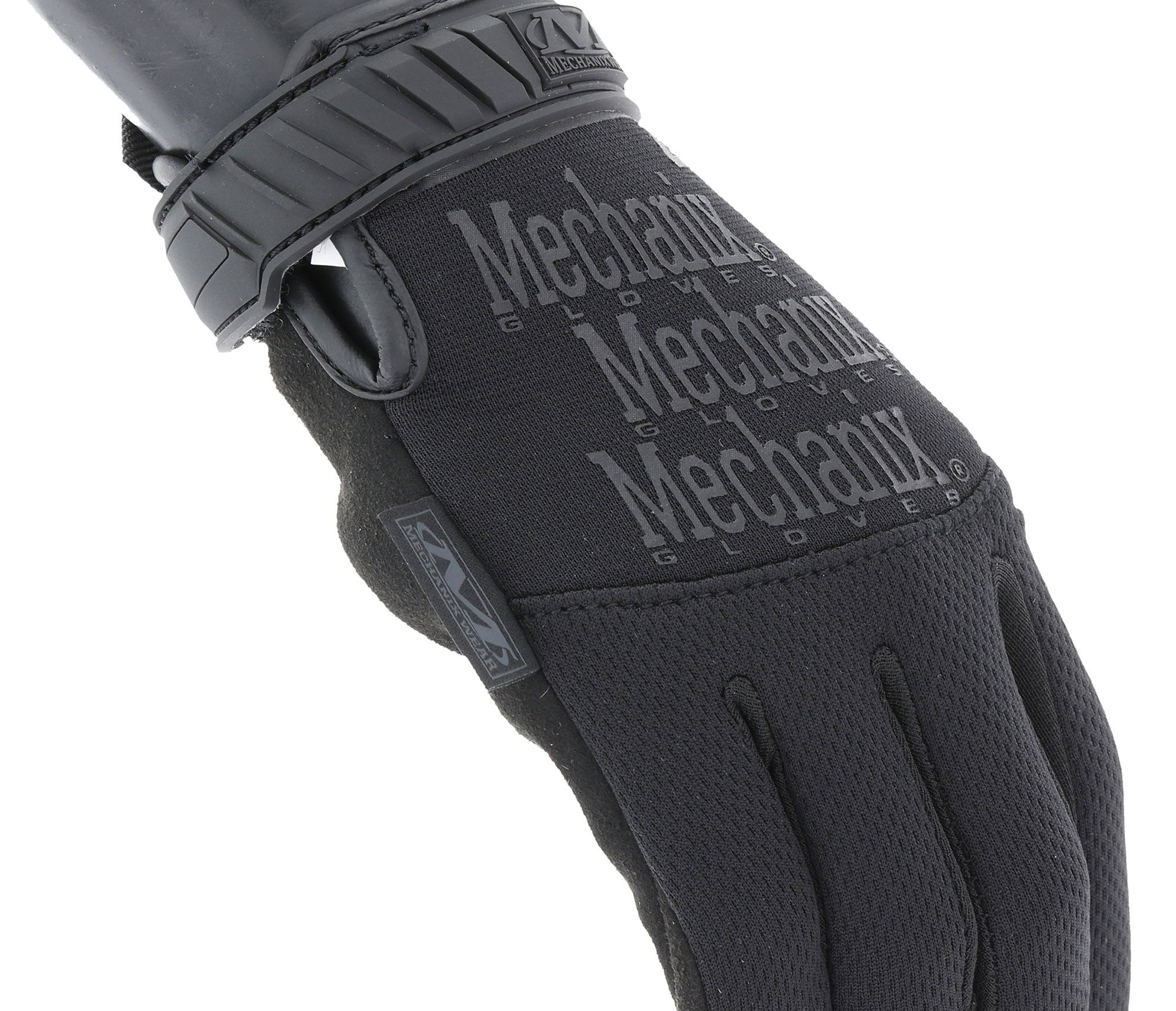 Schwarzer Mechanix-Handschuh mit Klettverschluss für Airsoft und Outdoor-Aktivitäten.