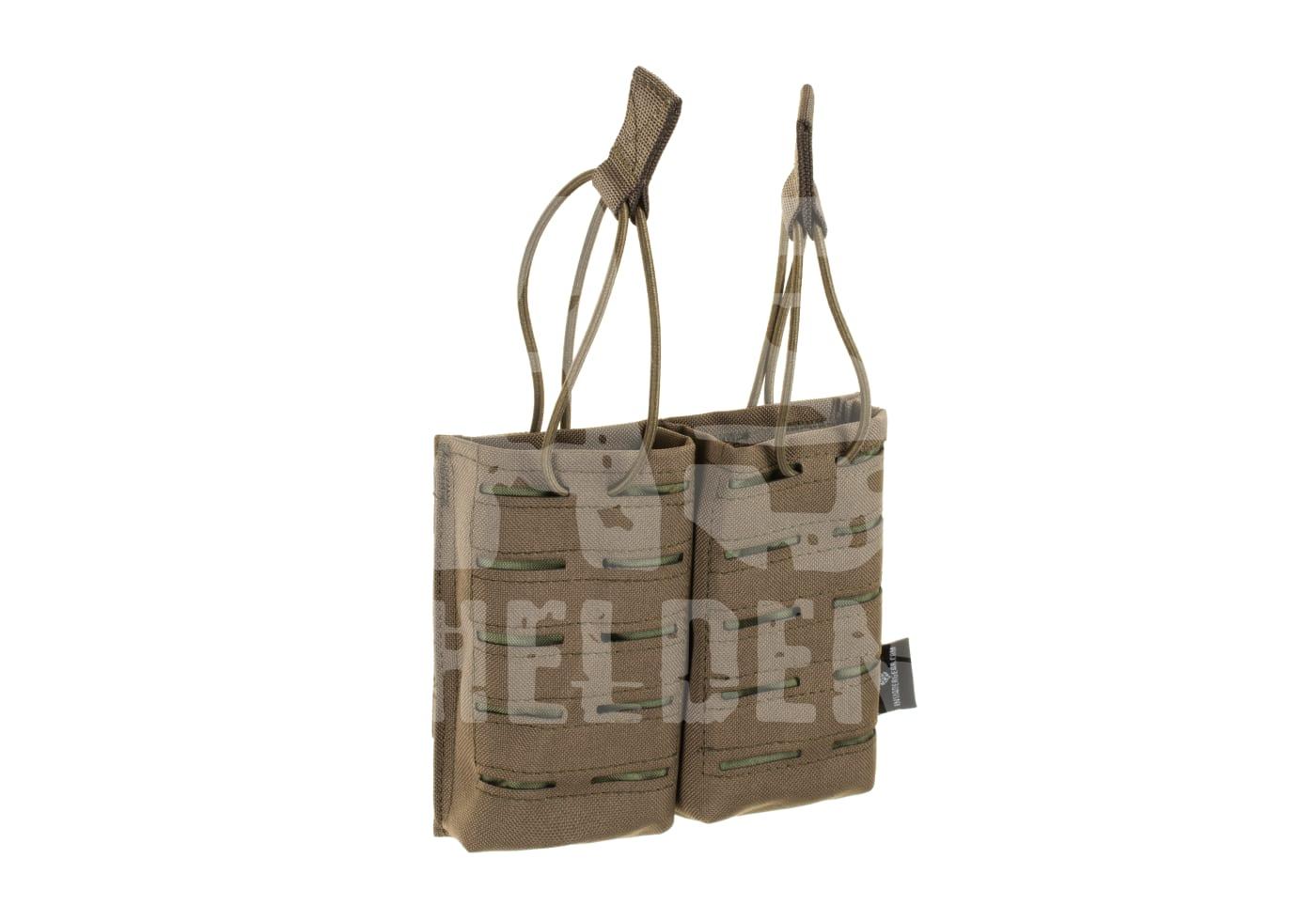 Doppeltasche in Tarnmuster für Airsoft-Magazine mit elastischen Bändern, geeignet für taktische Ausrüstung.