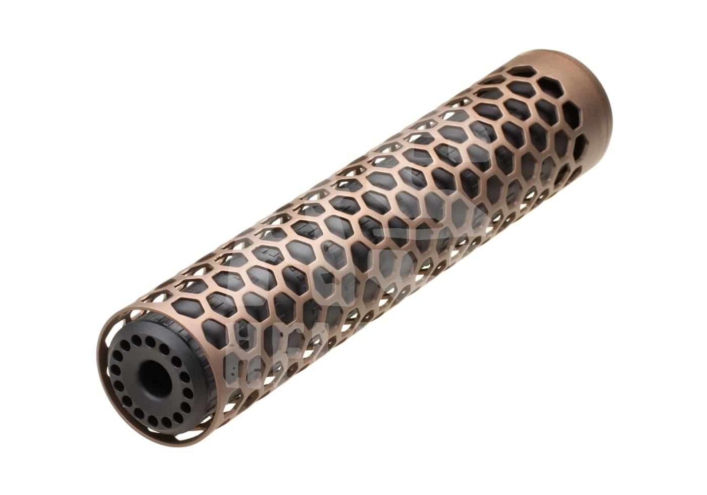 Taktischer Airsoft-Schalldämpfer mit wabenförmiger Hülle, bronzefarben, aus Metall.