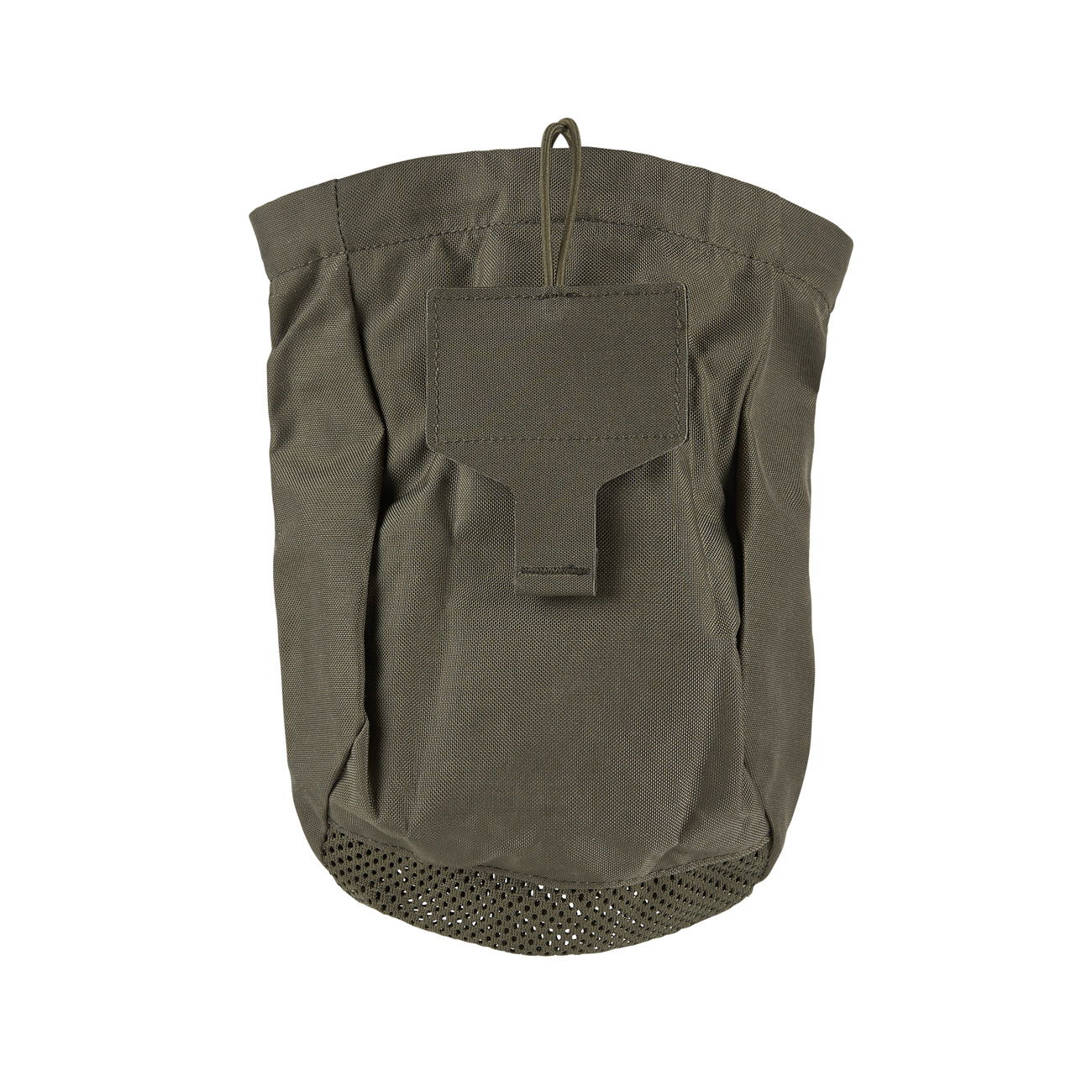 Olivgrüne Airsoft-Dump Pouch mit Mesh-Boden und Zugbandverschluss, ideal zur Aufbewahrung leerer Magazine.