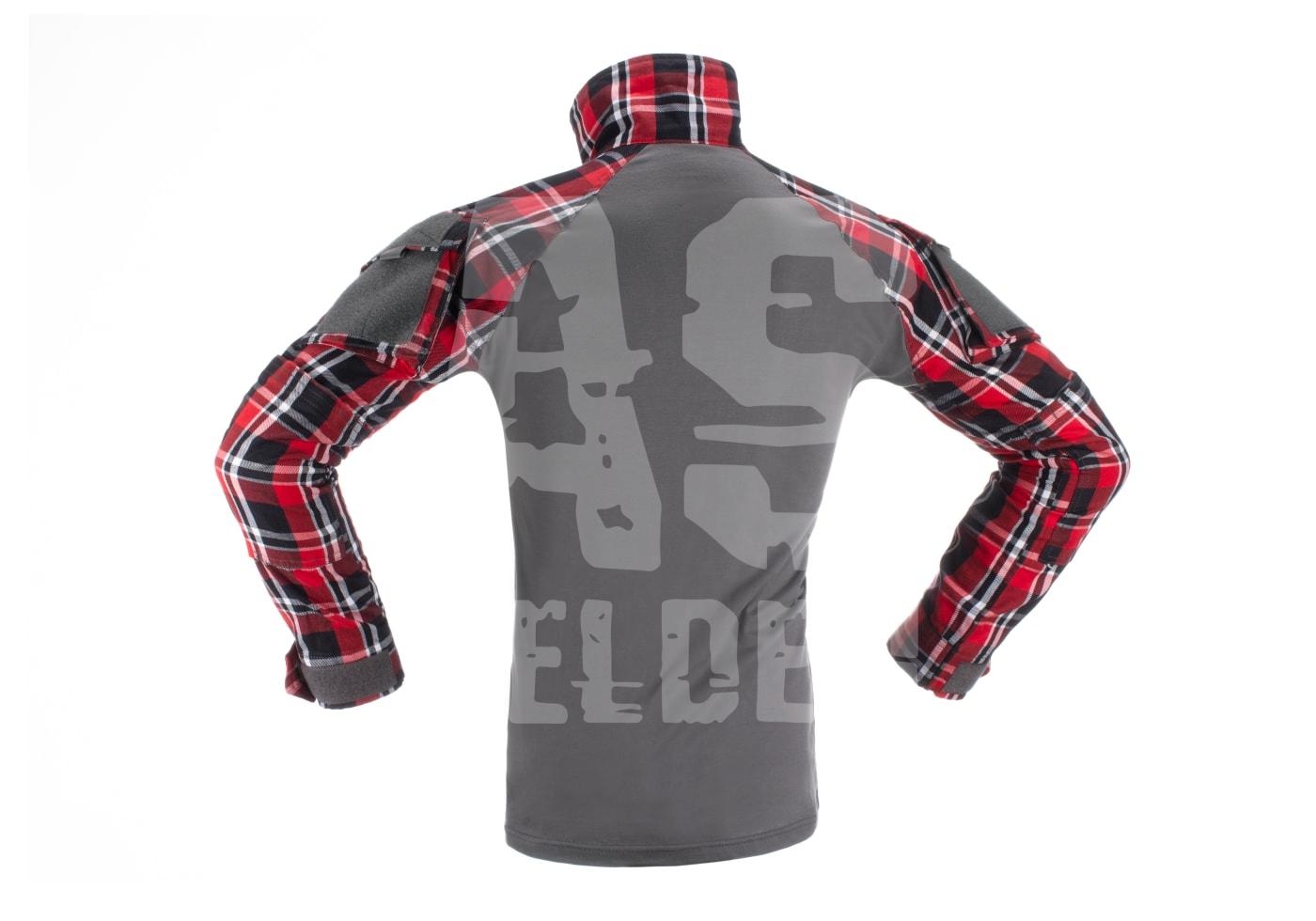 Flannel Combat Shirt Graues Airsoft-Shirt mit rotem Karo-Muster an den Ärmeln, Schriftzug "AS HELDEN" auf dem Rücken.