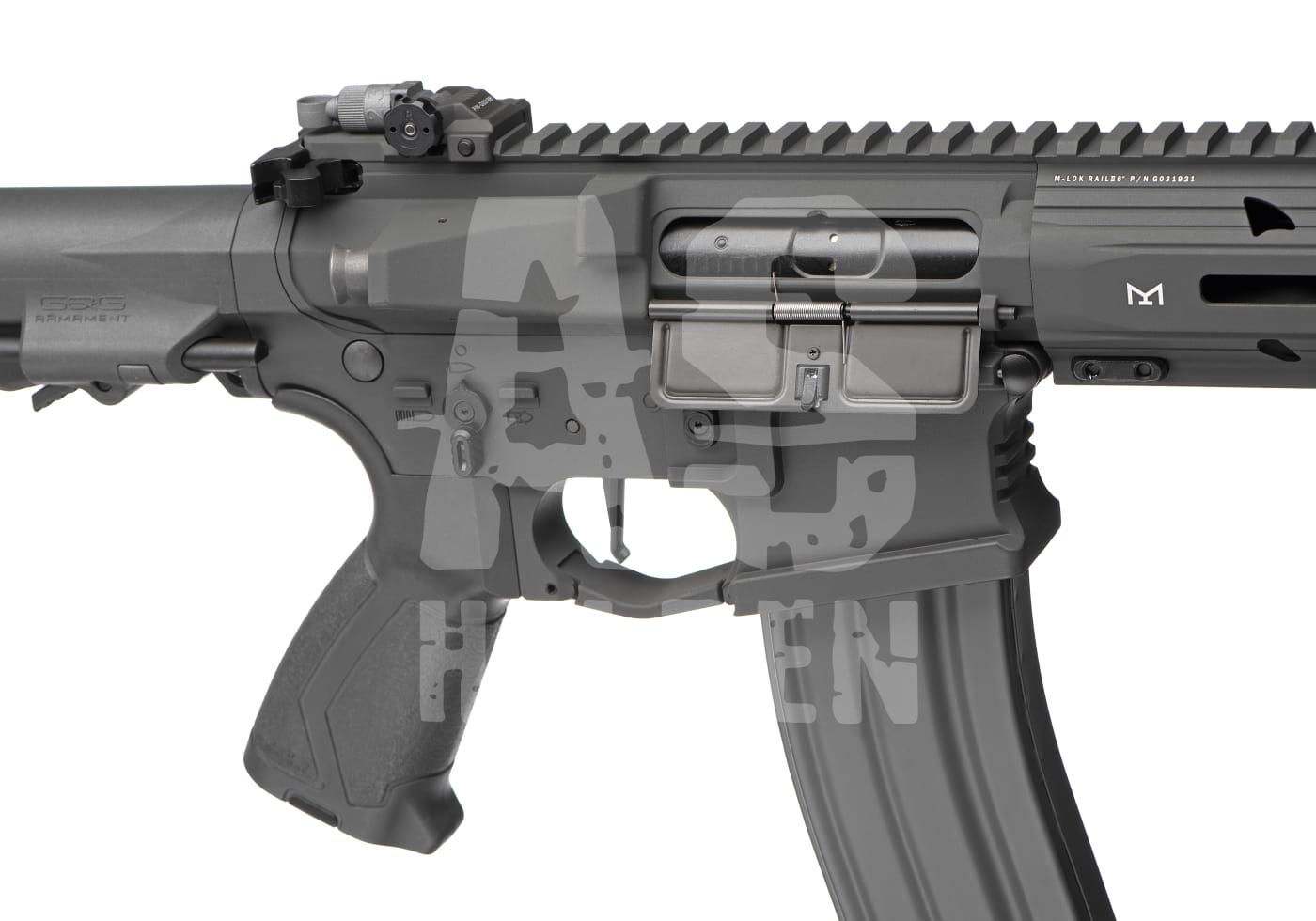 G&G ARP 556 0.5J - ab 16 Jahren Airsoftgewehr mit taktischer Schiene und schwarzem Griff, Nahaufnahme.