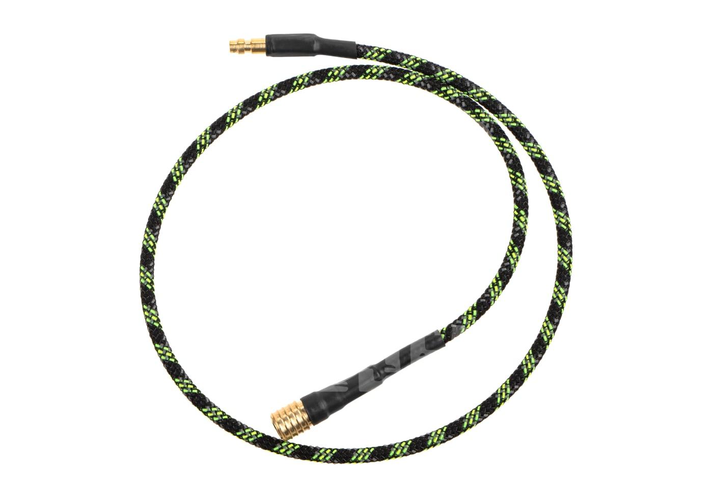 Geflochtenes Kabel mit grün-schwarzem Muster und Messingsteckern.