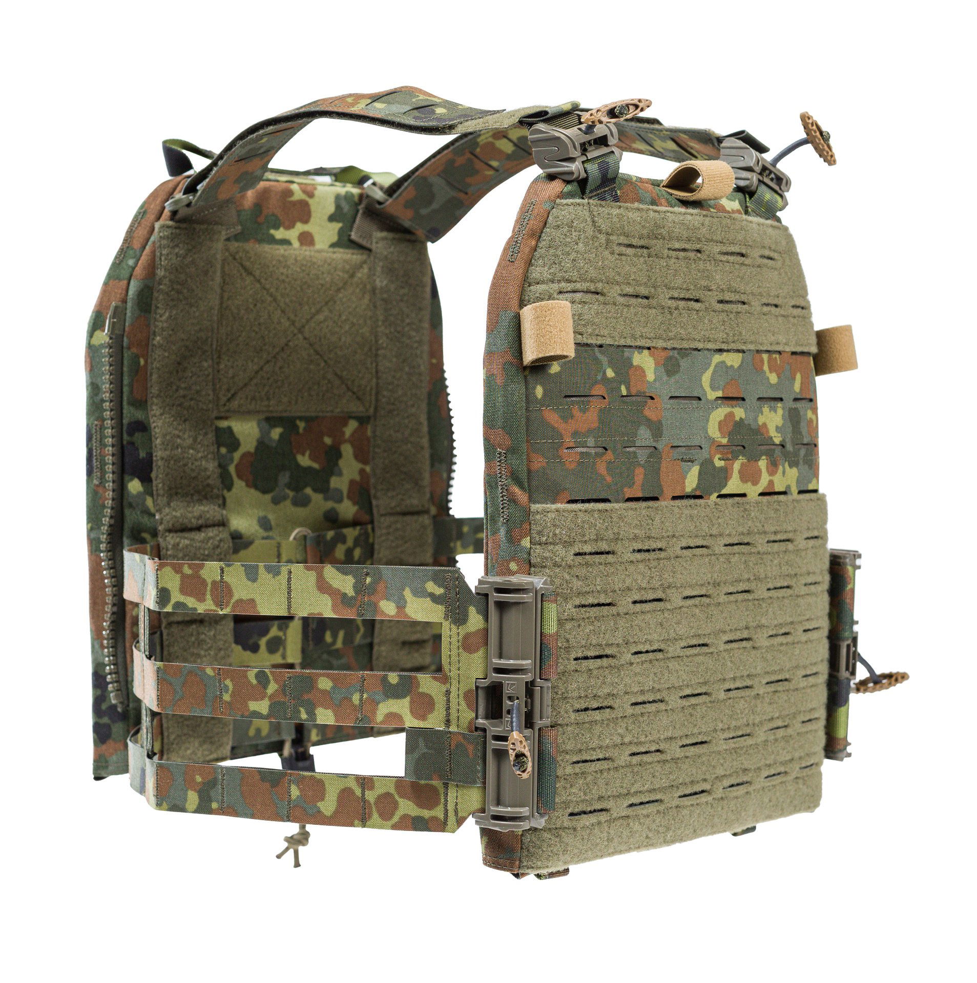 Lindnerhof Plattenträger-Set MX042 Taktische Weste in Flecktarnmuster mit verstellbaren Gurten und MOLLE-Schlaufen für Airsoft-Ausrüstung.