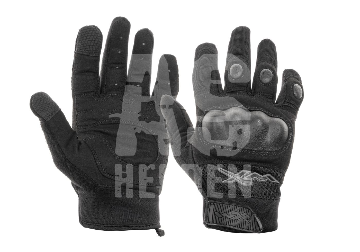 Schwarze taktische Handschuhe mit Knöchelschutz, ideal für Airsoft-Einsätze.