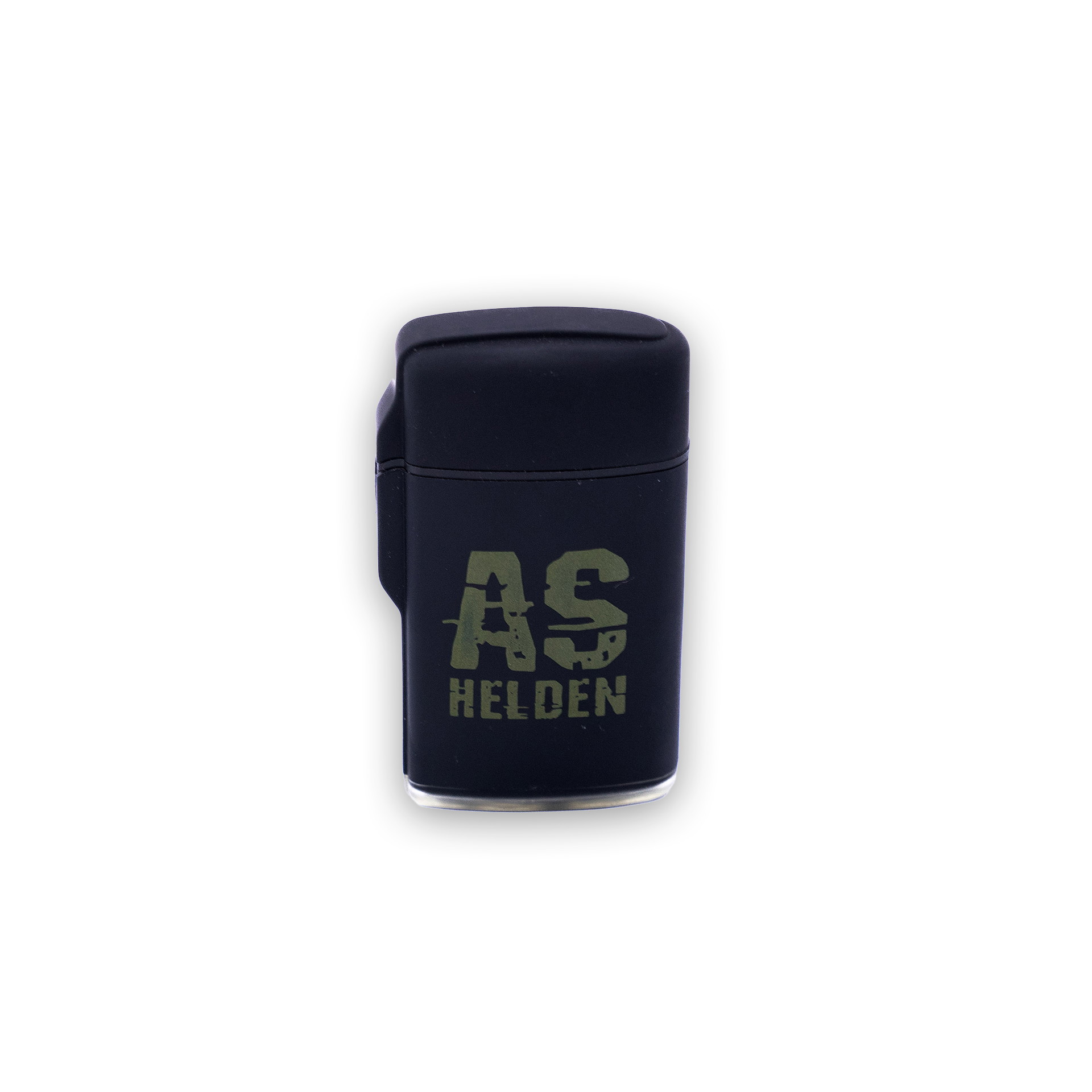 Schwarzes Feuerzeug mit "AS Helden" Logo, kompakt und stilvoll für Airsoft-Enthusiasten.