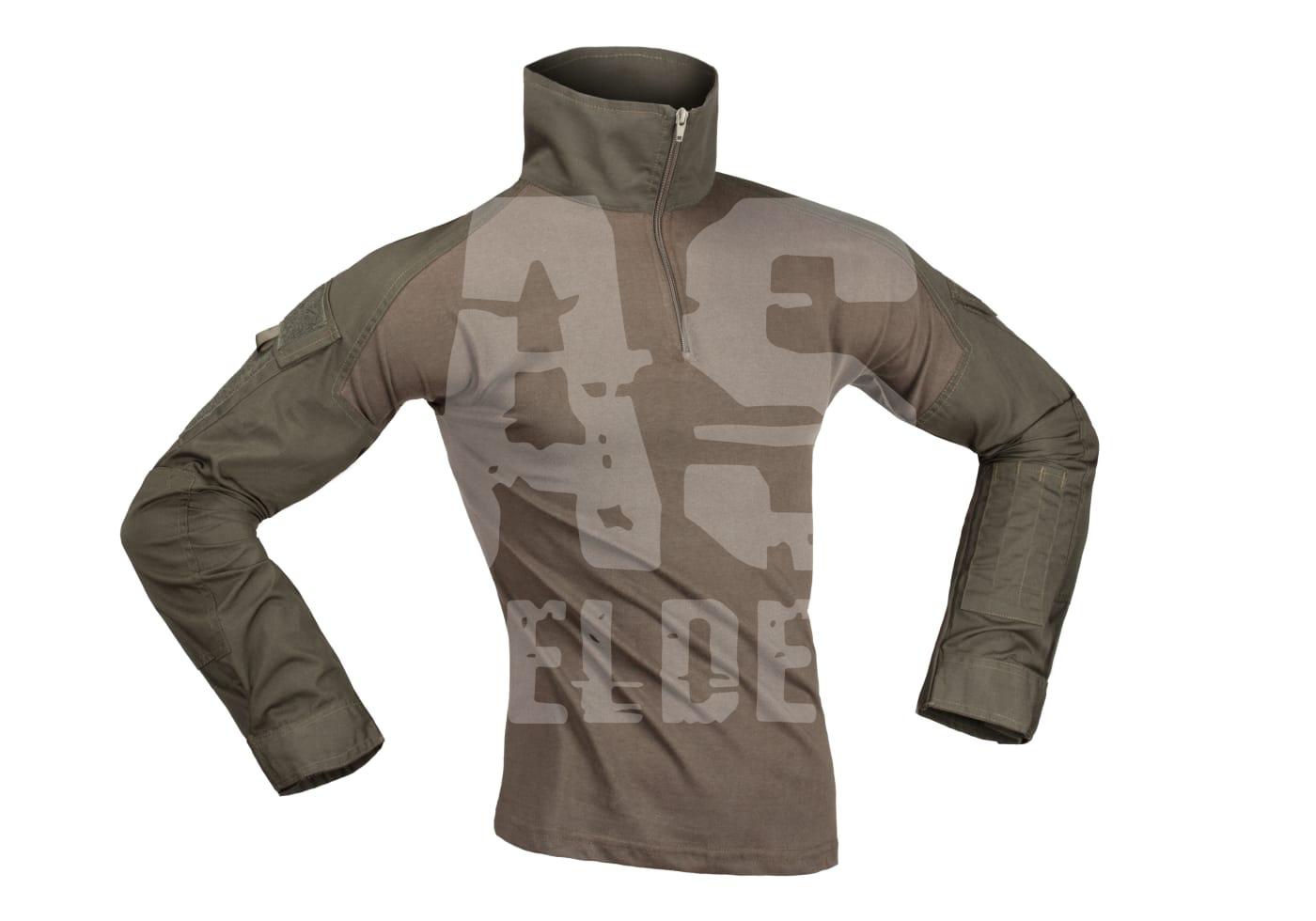 Taktisches Combat-Shirt in Olive mit Reißverschluss und langen Ärmeln, geeignet für Airsoft-Aktivitäten.