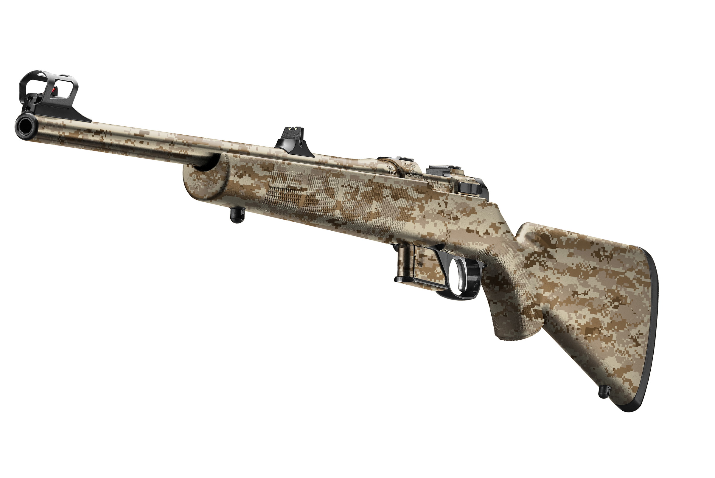 Airsoft-Scharfschützengewehr mit digitalem Tarnmuster und präziser Zielvorrichtung.
