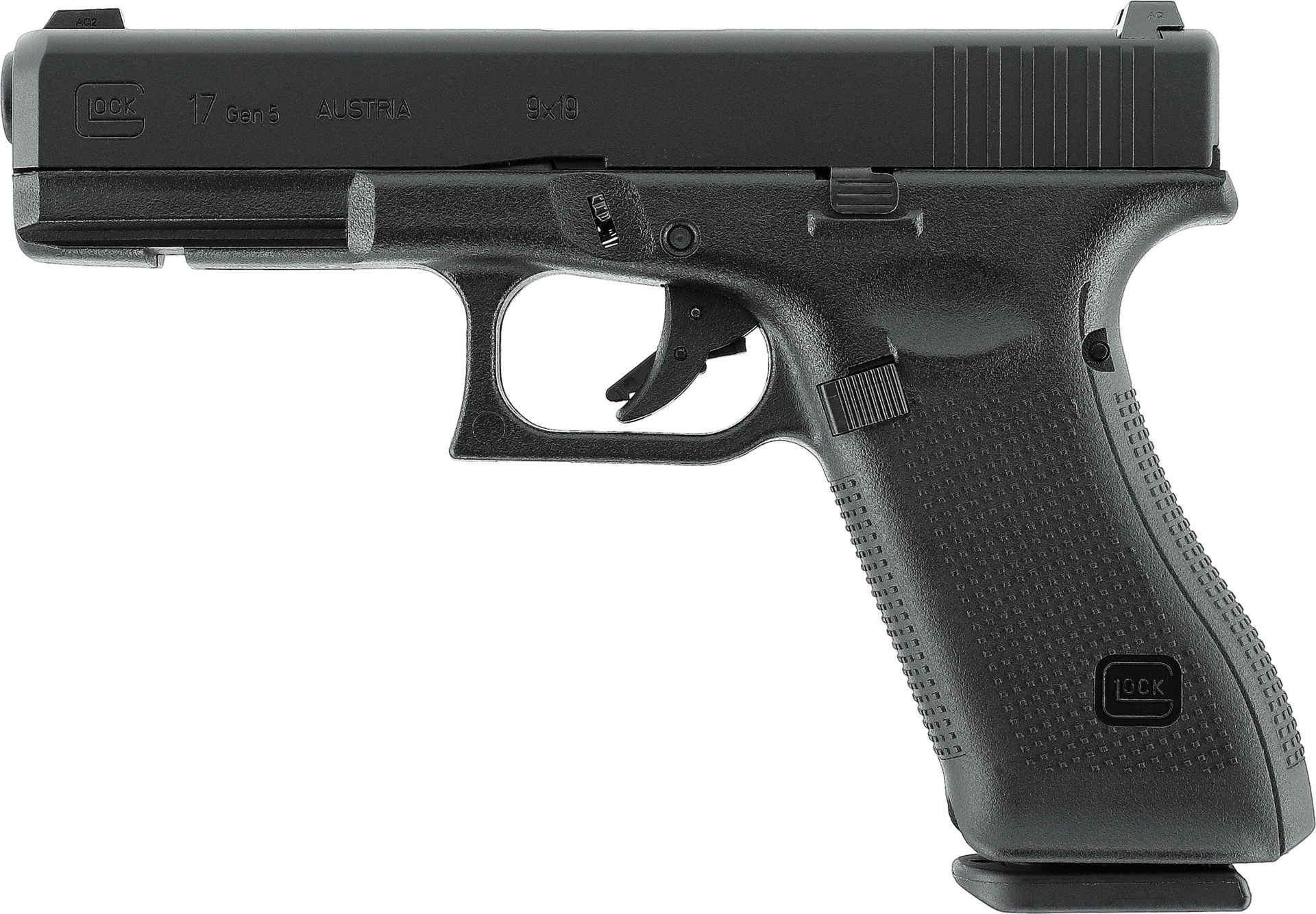 Schwarze Airsoft-Pistole, seitliche Ansicht, Modell mit strukturiertem Griff und Abzugsschutz.