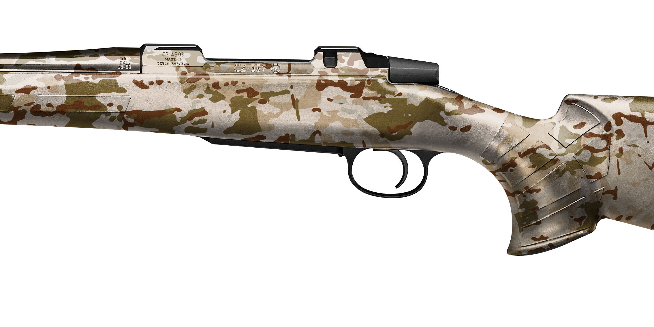 Tarnmuster-Gewehrschaft, Nahaufnahme der rechten Seite, mit Abzug und Verschlussmechanismus sichtbar.