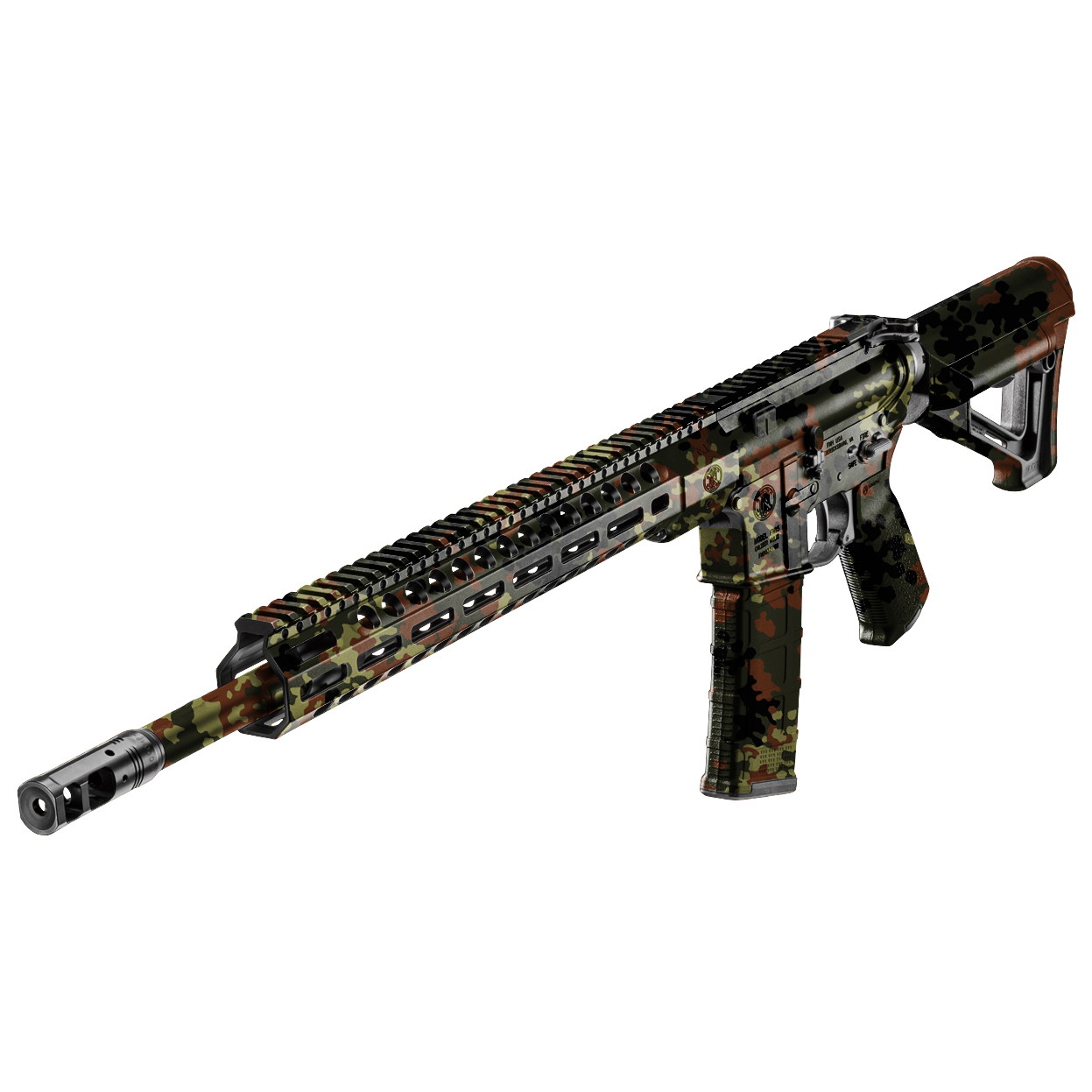 Airsoft-Gewehr mit modernem Tarnmuster, M-Lok-Handschutz und taktischen Anbauteilen.