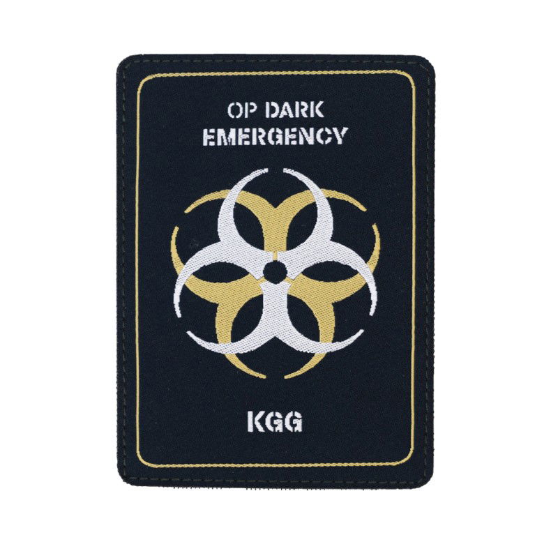 Schwarzer Airsoft-Patch mit Biohazard-Symbol, Text "OP DARK EMERGENCY" und "KGG".