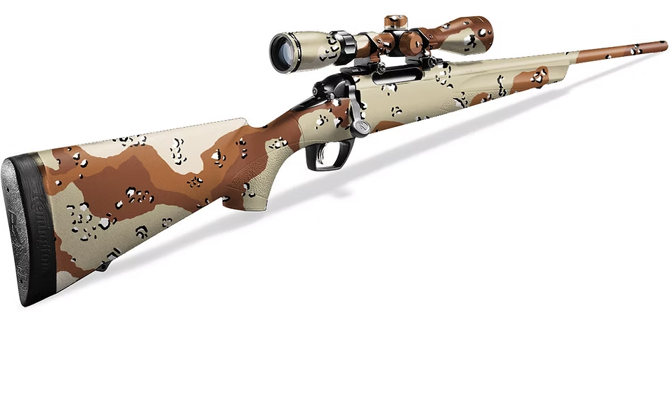 Tarn-Scharfschützengewehr mit Zielfernrohr im Wüstencamouflage-Design für Airsoftspiele.