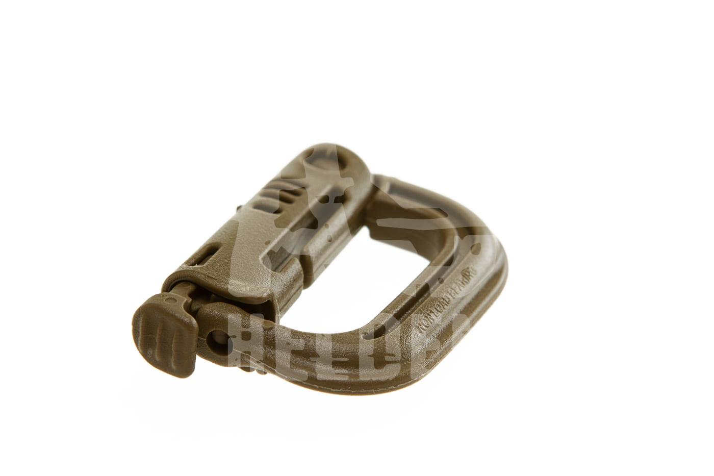 Taktischer, olivgrüner Kunststoffkarabiner für Airsoft-Ausrüstung. Ideal für sicheren Transport.