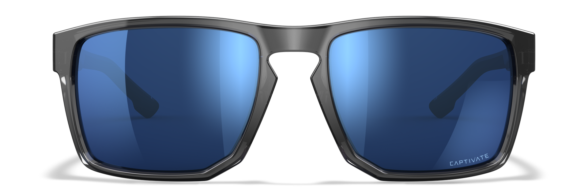 Sonnenbrille mit blauen Gläsern und schwarzem Rahmen, frontal abgebildet.