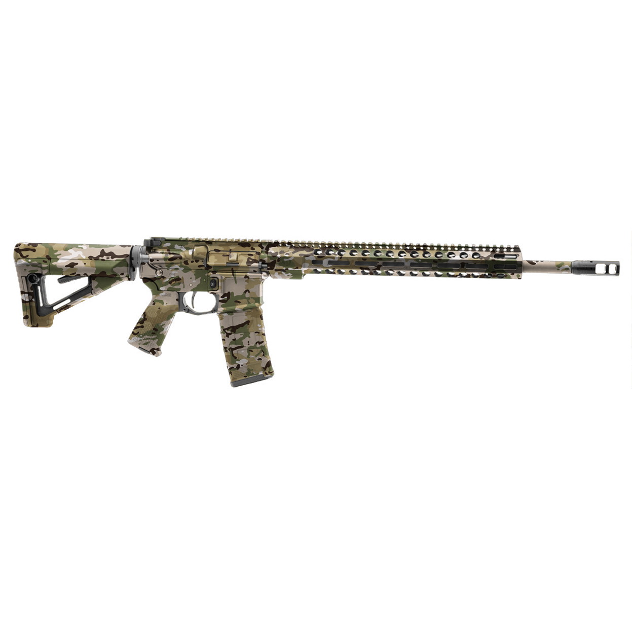 Airsoft-Gewehr in Tarnfarben, taktisches Design, schlanker Handguard mit Picatinny-Schiene.