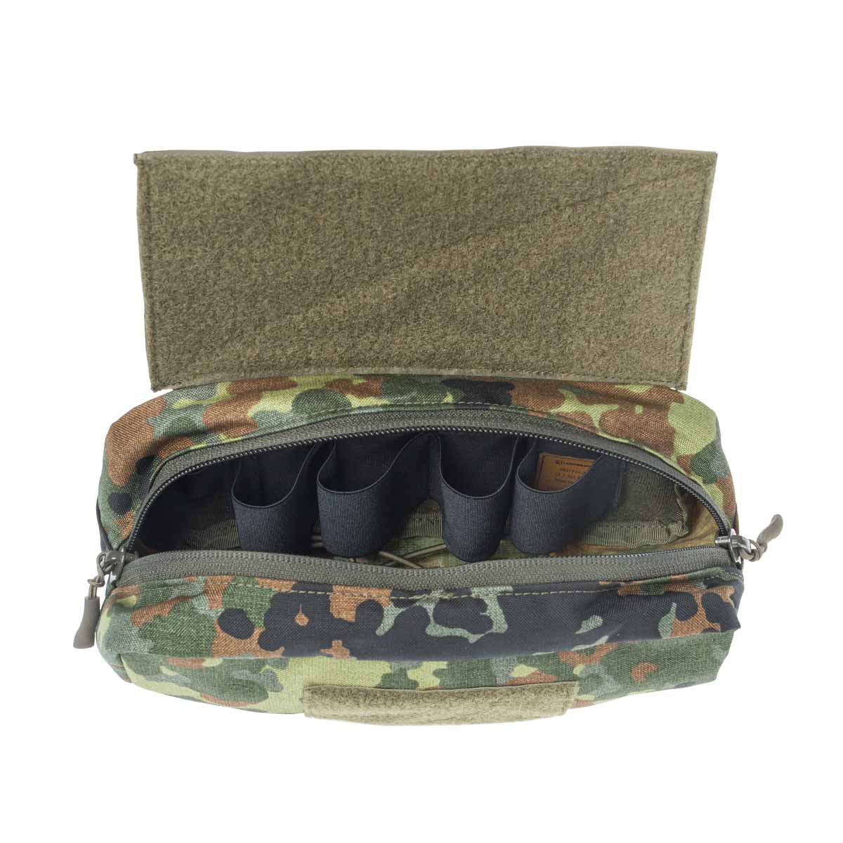Lindnerhof Multi-Tasche klettbar MX174 Tarnmuster-Zubehörtasche mit offenem Reißverschluss und elastischen Schlaufen, ideal für Airsoft-Ausrüstung.