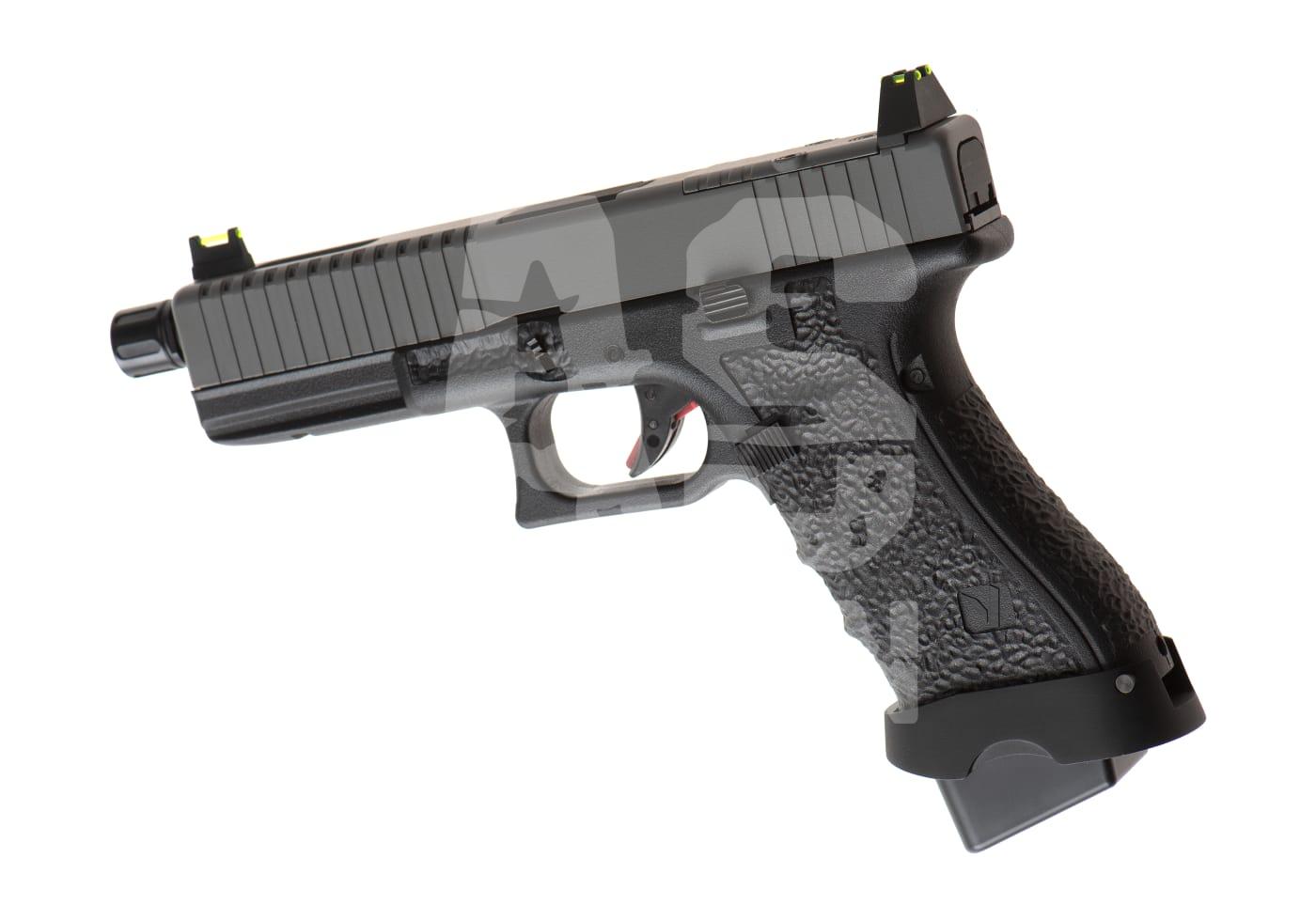 Schwarze Airsoft-Pistole mit ergonomischem Griff, sichtbarem Lauf und Visier. Ideal für Airsoft-Enthusiasten.