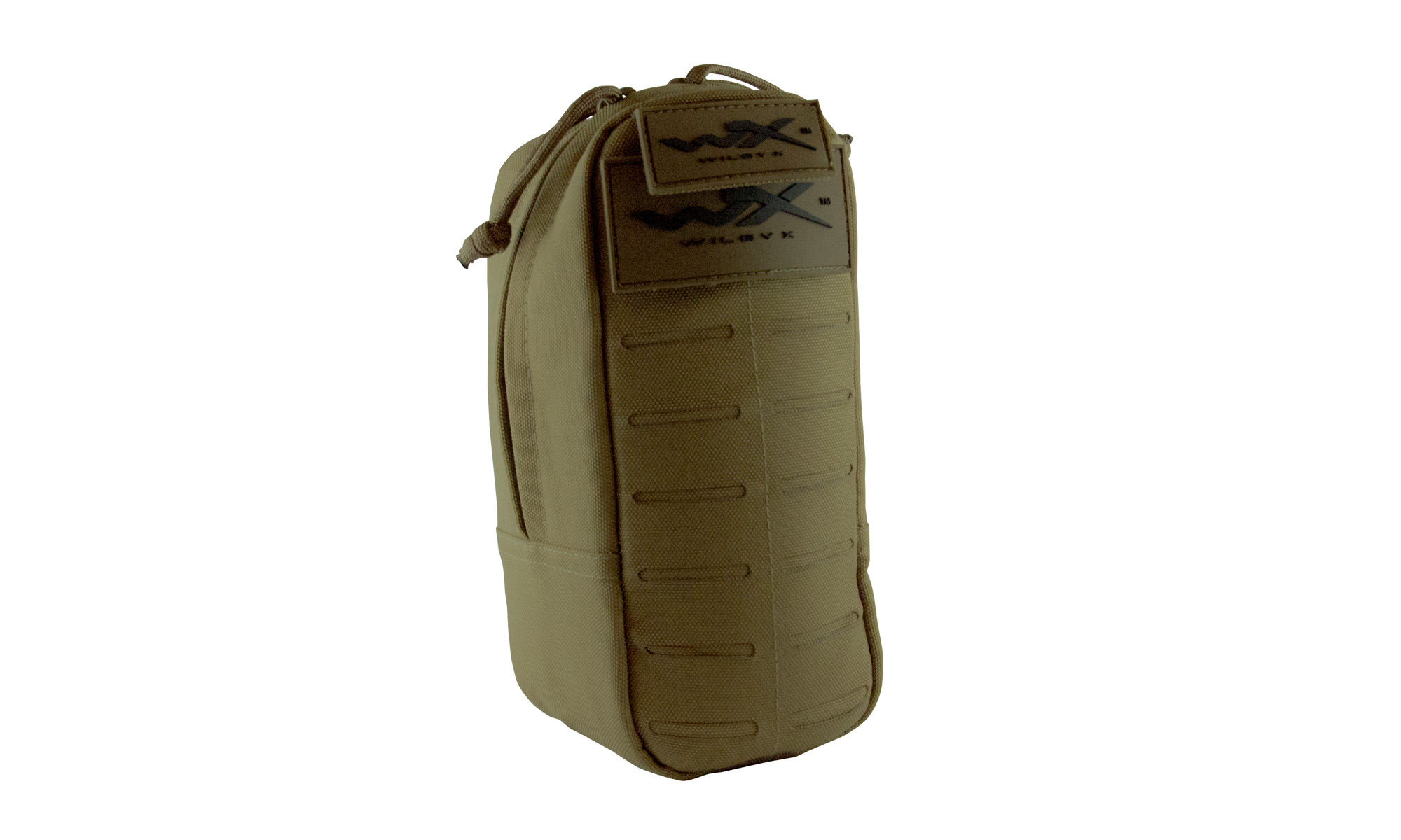 Braune, taktische Tasche mit Reißverschluss und Logo auf der Vorderseite.