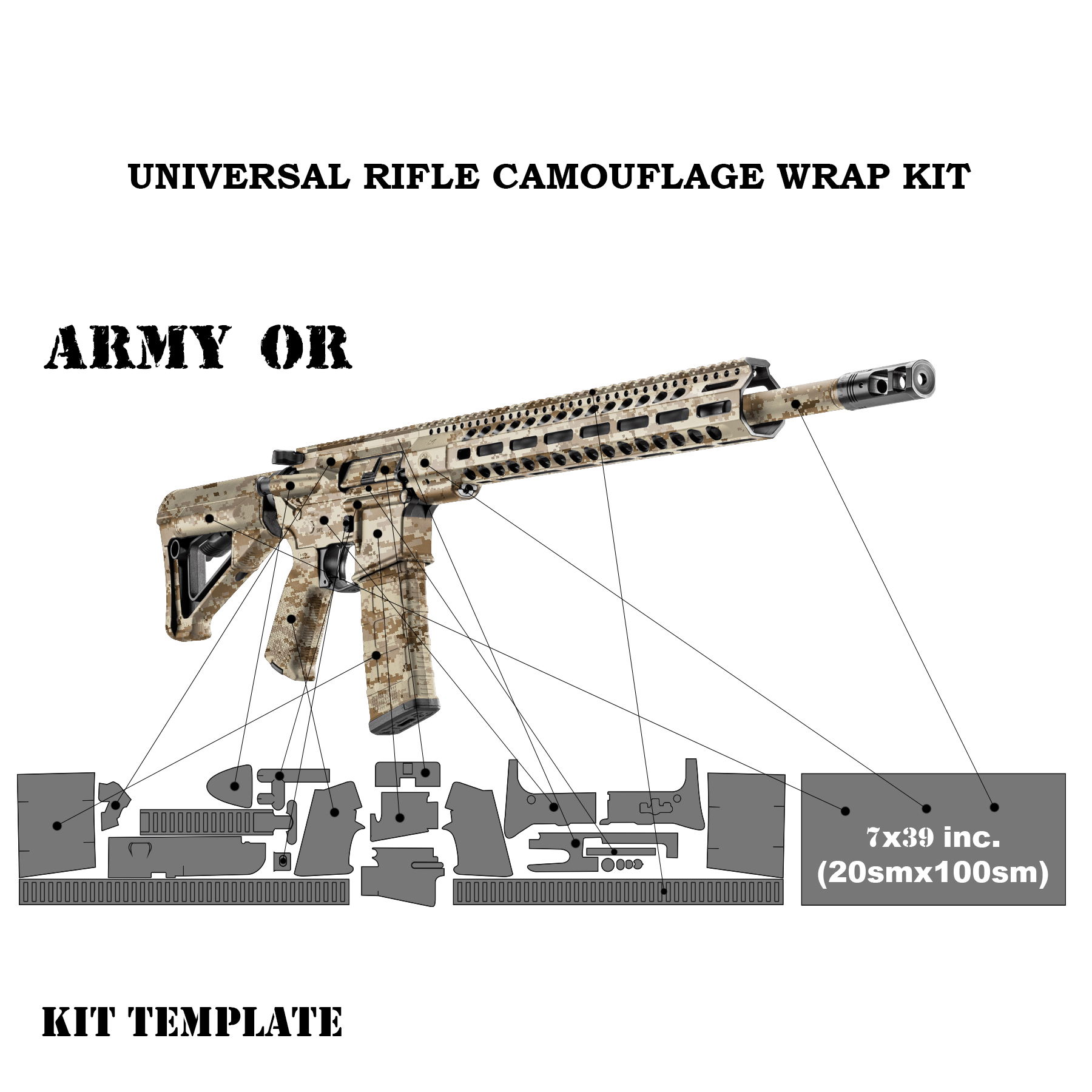 Tarnmuster-Wickelkit für Gewehr, zeigt Teile zur Abdeckung in Wüsten-Camouflage-Design.