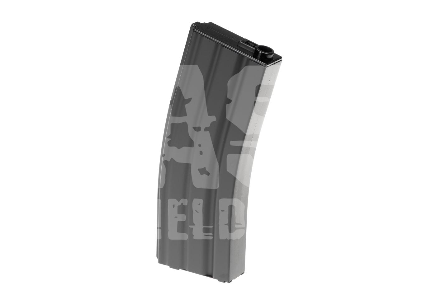 Schwarzes Airsoft-Magazin mit gewölbter Form für Gewehre, seitlich abgebildet.