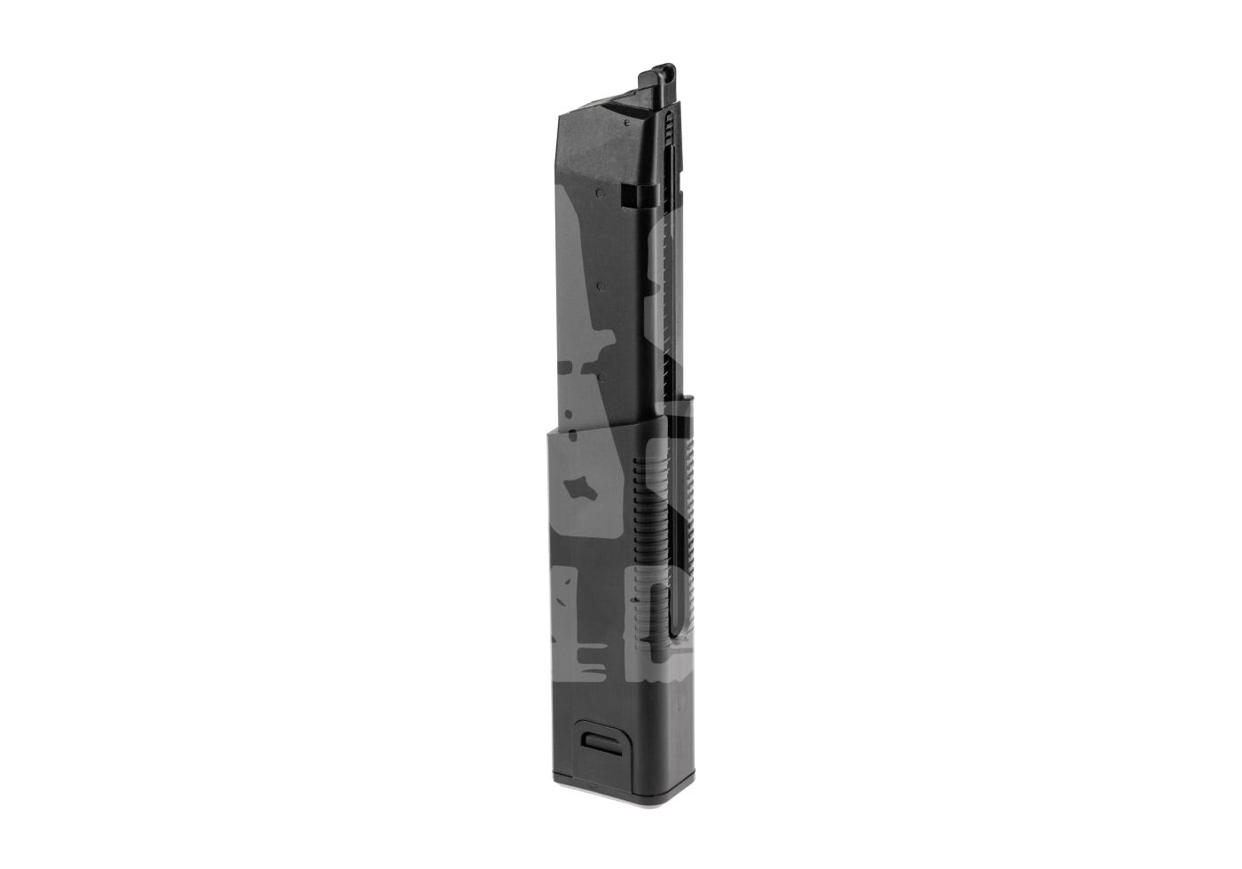Schwarzes Airsoft-Magazin für Pistolen, schmal und hochkant abgebildet.