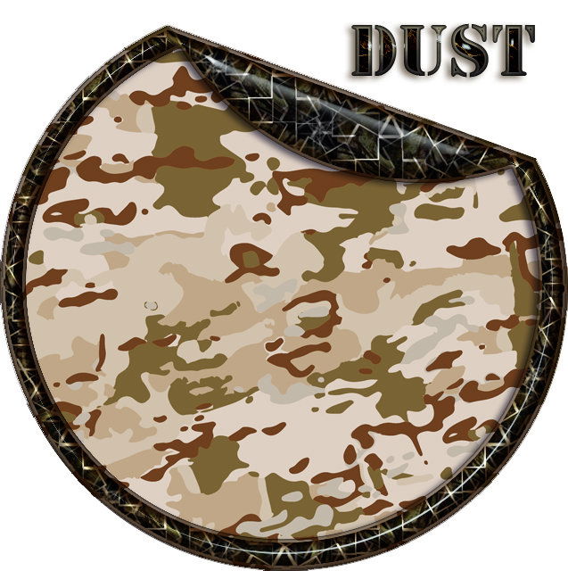 Runder Patch mit Wüsten-Tarnmuster und Text "Dust" oben rechts. Ideal für Airsoft-Gear.