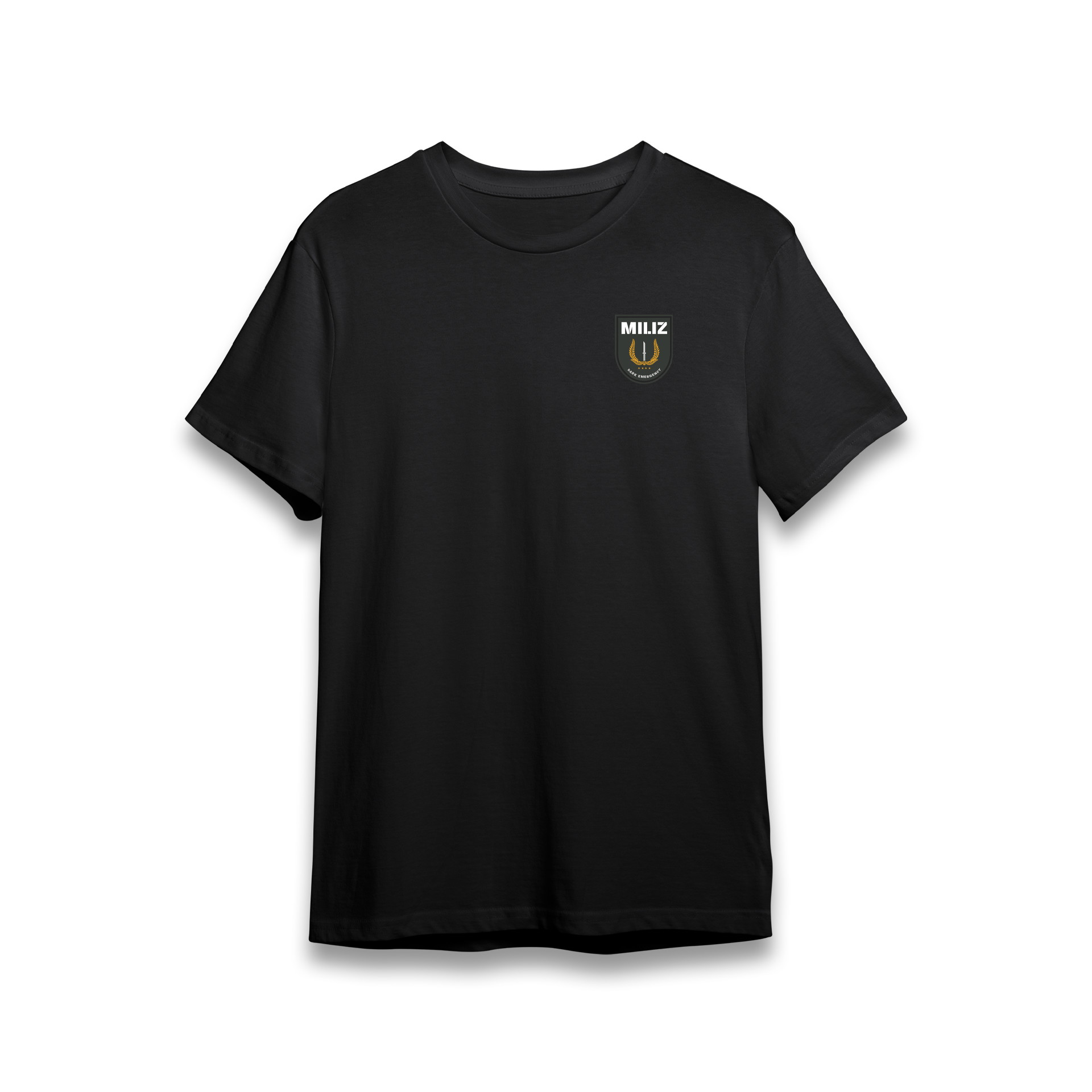 Schwarzes T-Shirt mit kleinem "MILIZ"-Logo auf der Brust für Airsoft-Fans.