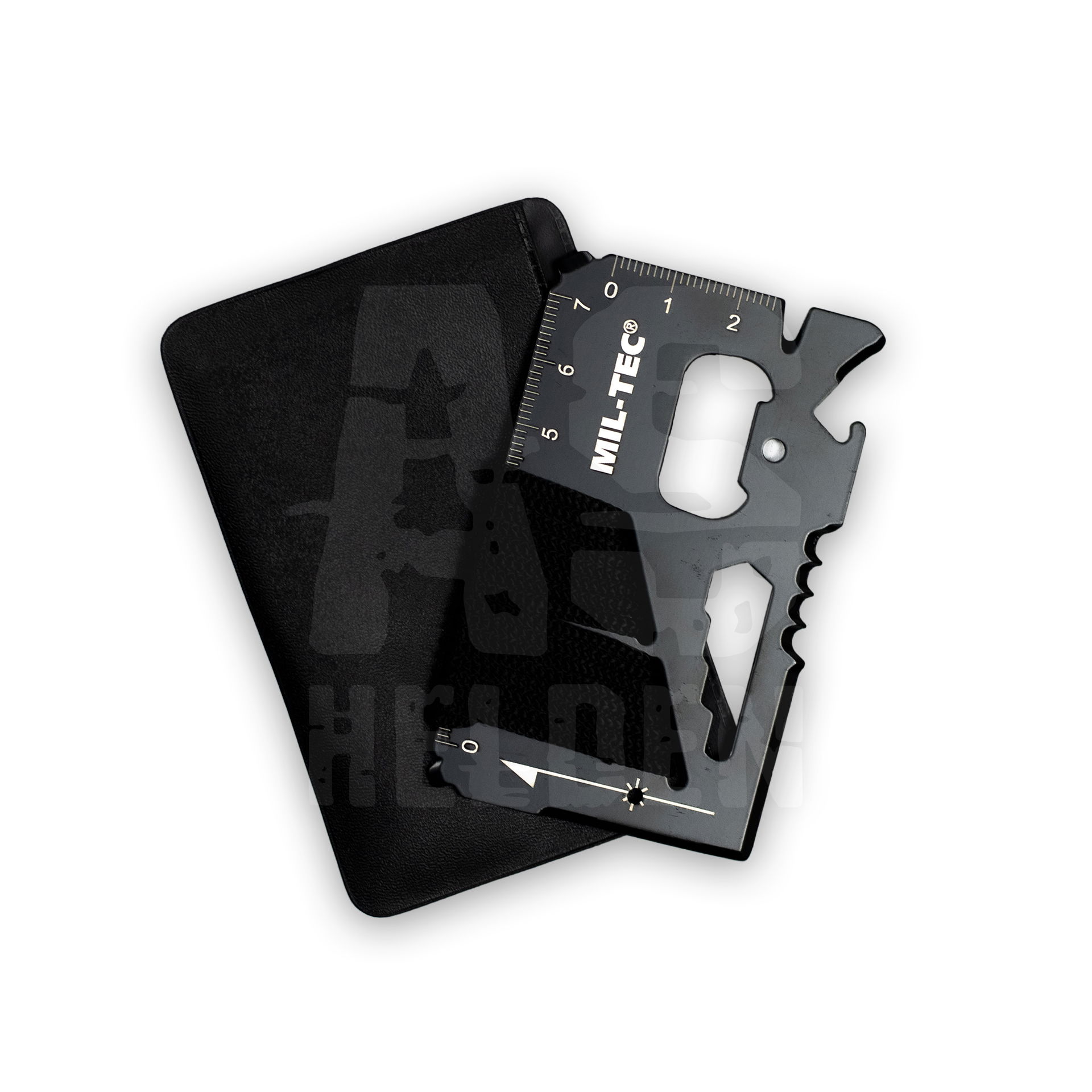 Multifunktionale Werkzeugkarte von Mil-Tec mit Lineal, Öffnern, in schwarzer Hülle. Ideal für Airsoft-Abenteuer.