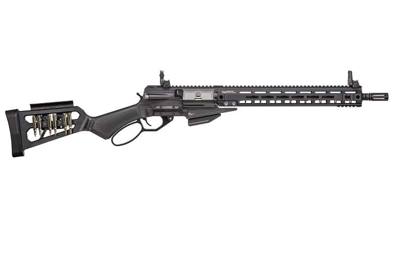 Airsoft Gewehr mit modernem Design, taktischer Schaft mit Munitionshaltern und langem M-Lok-Handschutz.