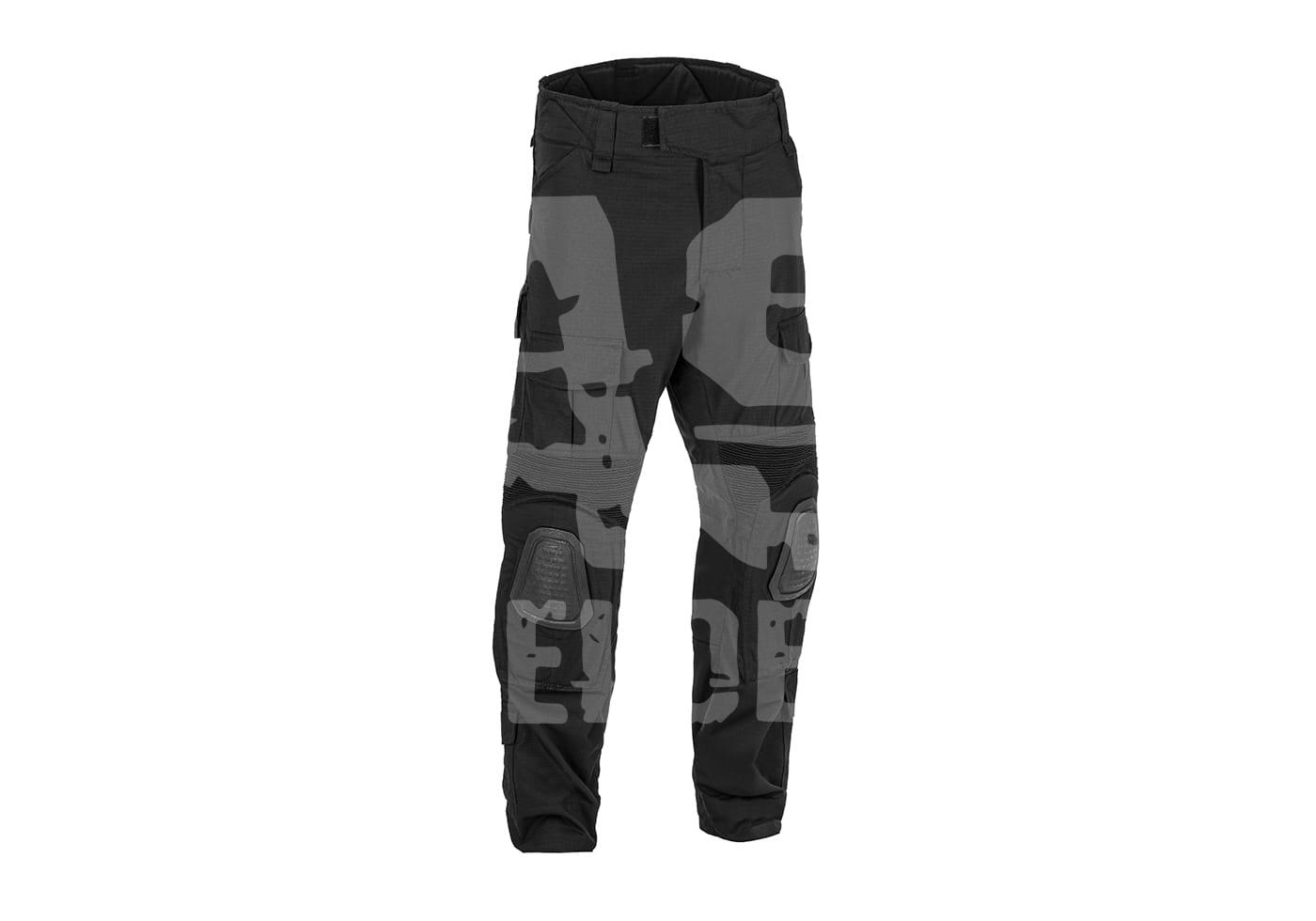 Taktische schwarze Tarnhose mit Knieverstärkungen für Airsoft-Spiele, seitlichen Taschen und robustem Material.
