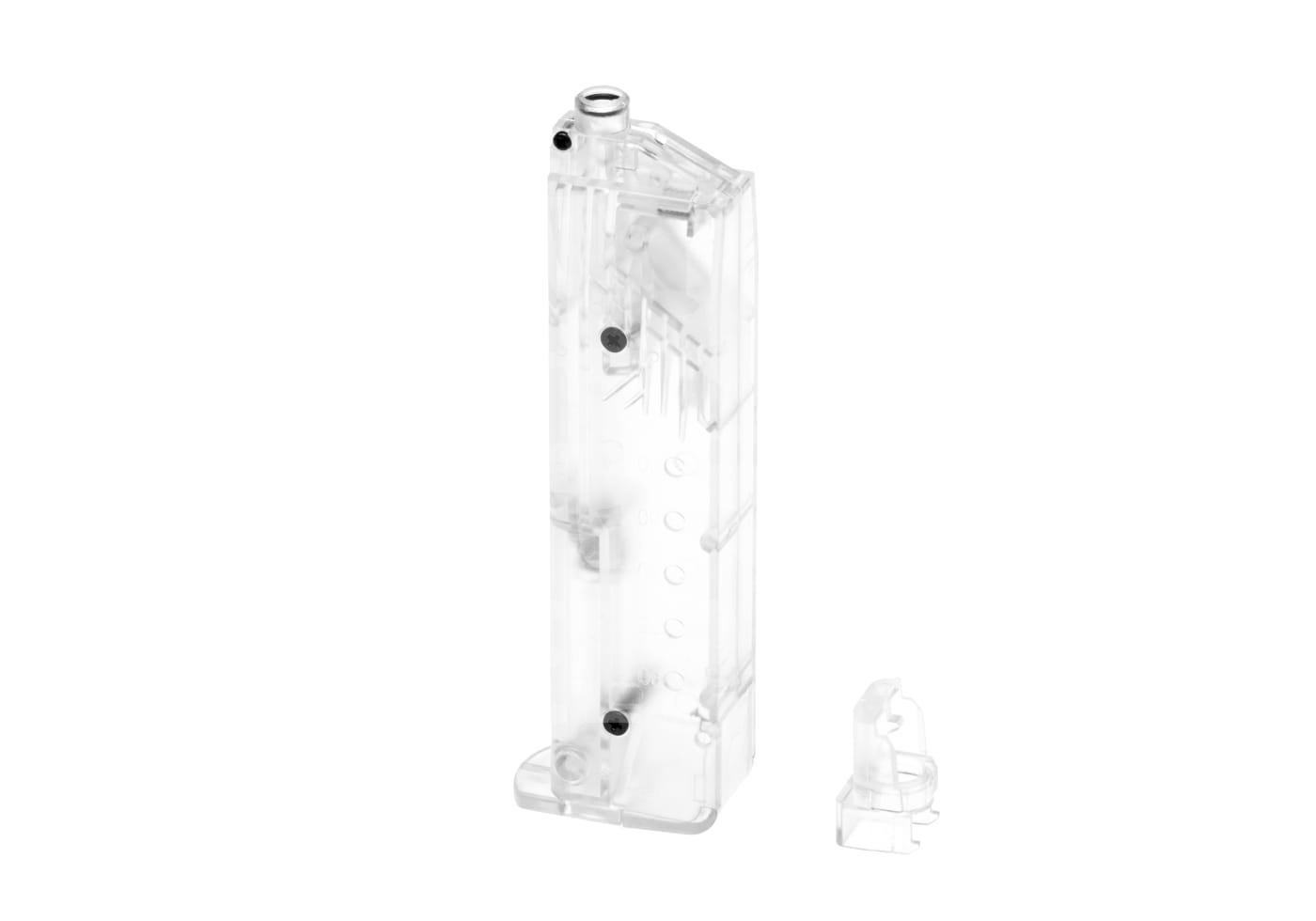 Transparenter Airsoft-Speedloader mit abnehmbarem Aufsatz, ideal zum schnellen Laden von BBs.