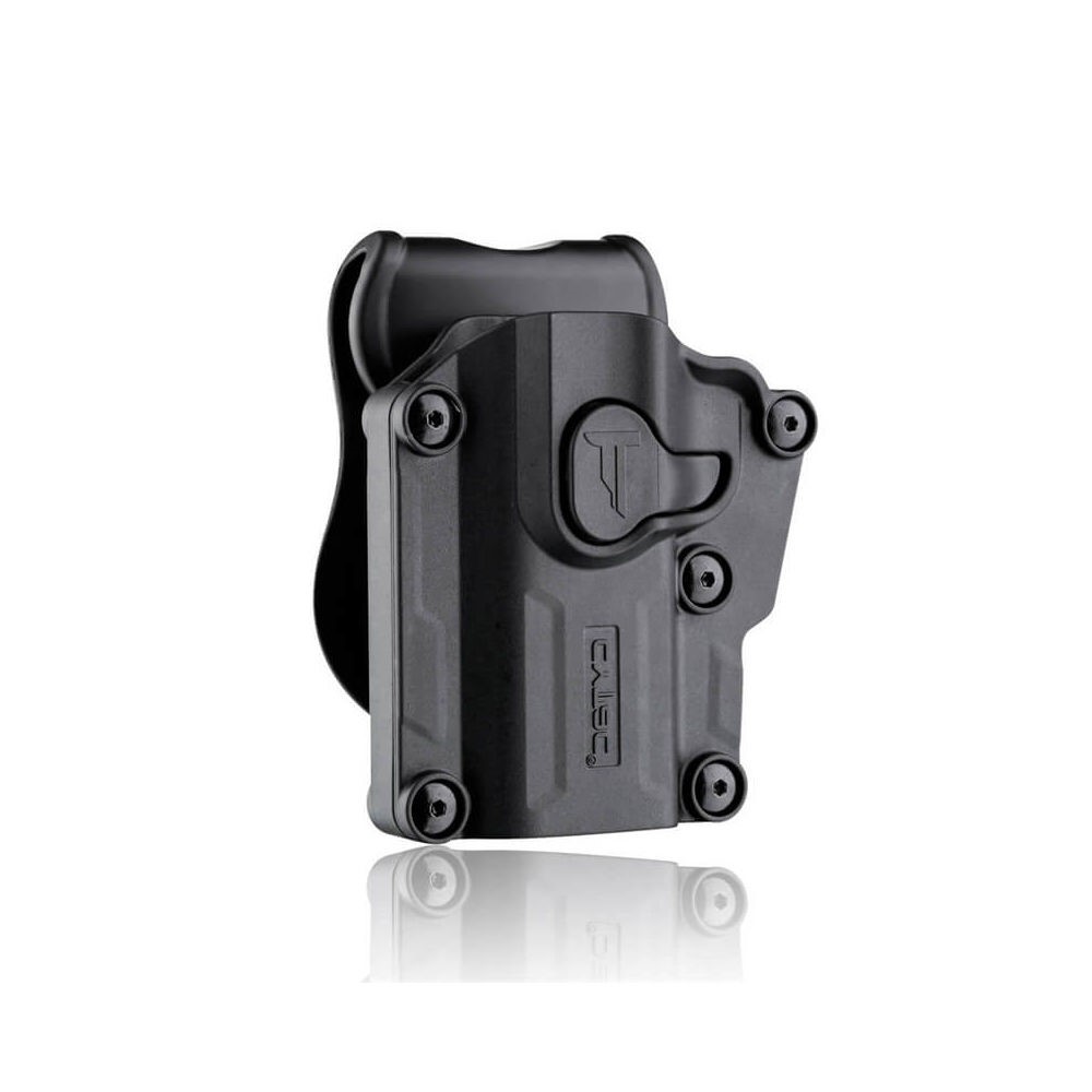 Schwarzes Polymer-Holster für Airsoft-Pistolen, ergonomisches Design, taktischer Einsatz.