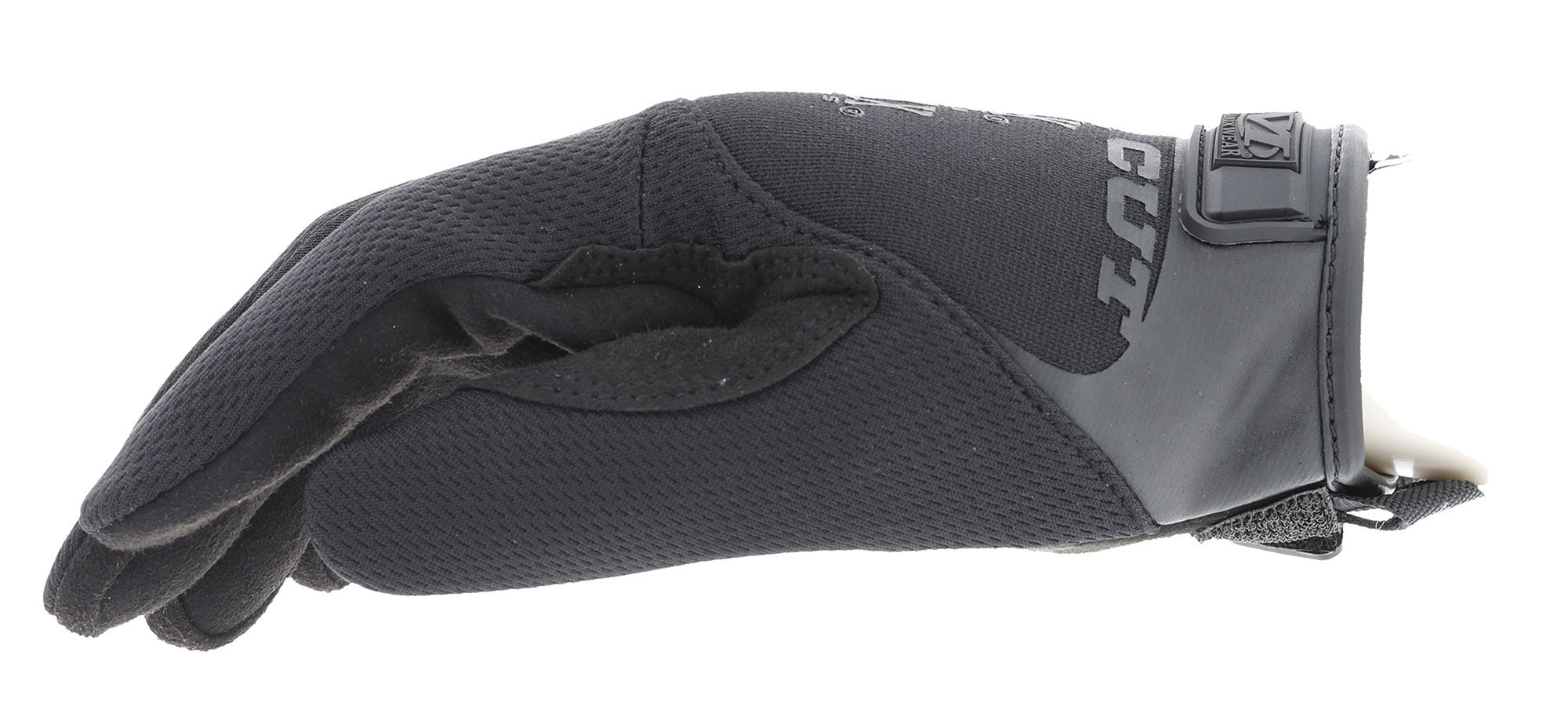 Schwarzer Airsoft-Handschuh mit Klettverschluss, seitliche Ansicht.
